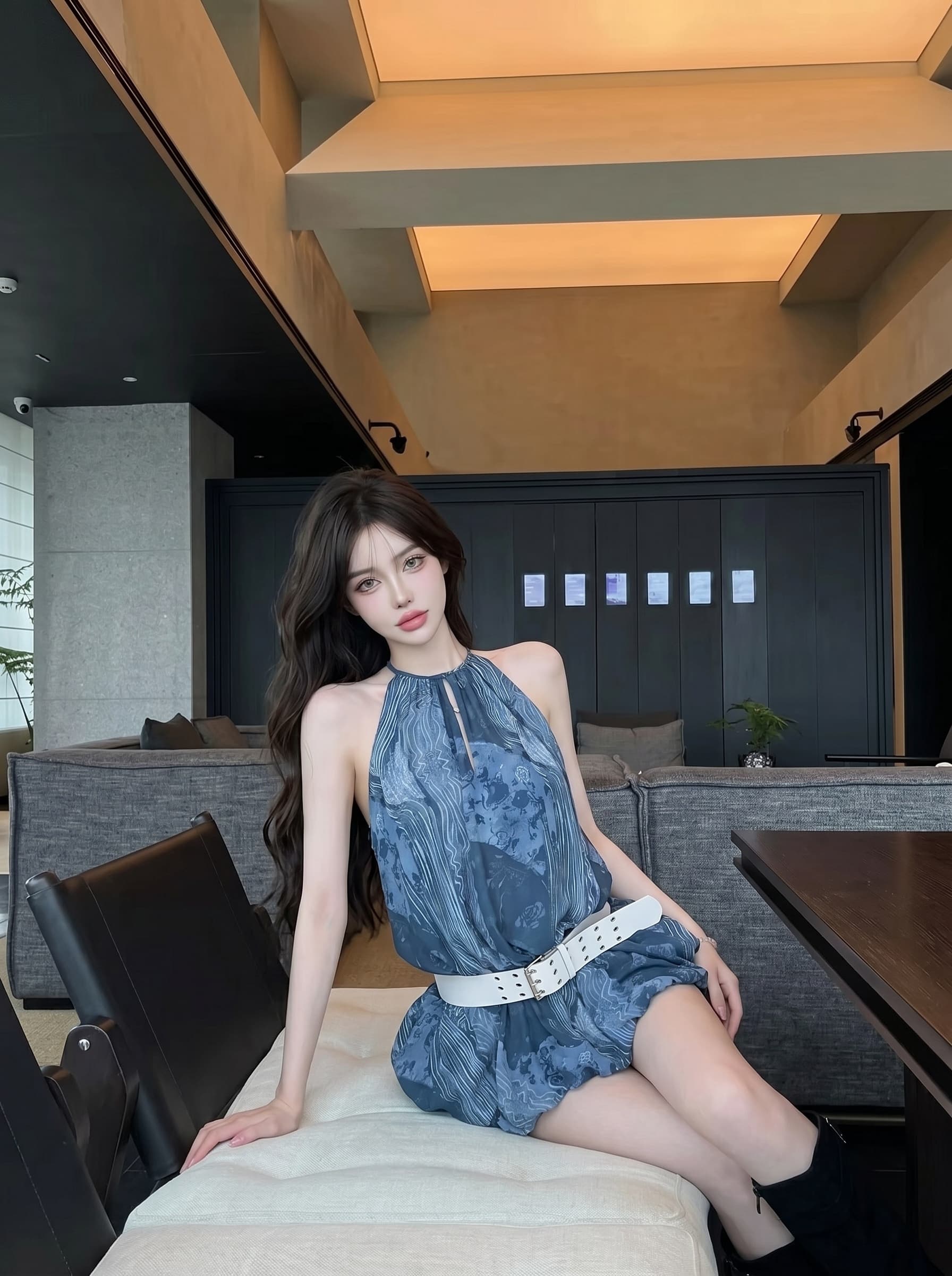 실사 정가 해변가 휴가 수묵화 행침 목 슬립 백리스 녹아웃 디자인 센스 벨트 허리 쉬폰 톱 상세 이미지 9