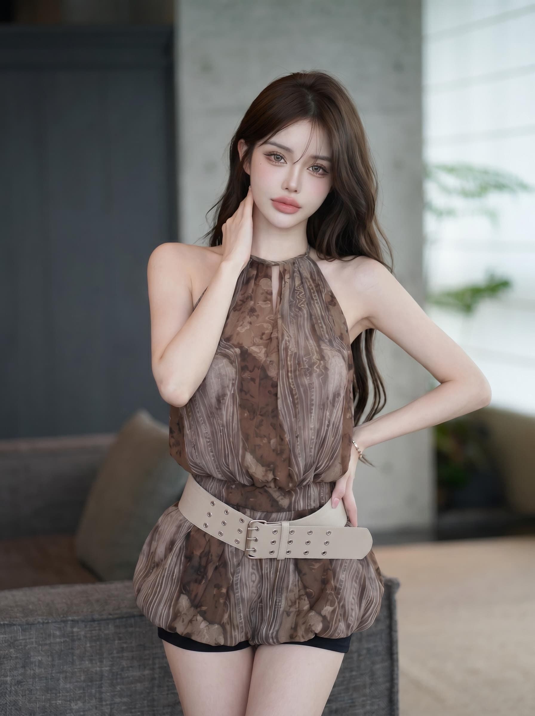 실사 정가 해변가 휴가 수묵화 행침 목 슬립 백리스 녹아웃 디자인 센스 벨트 허리 쉬폰 톱 상세 이미지 17