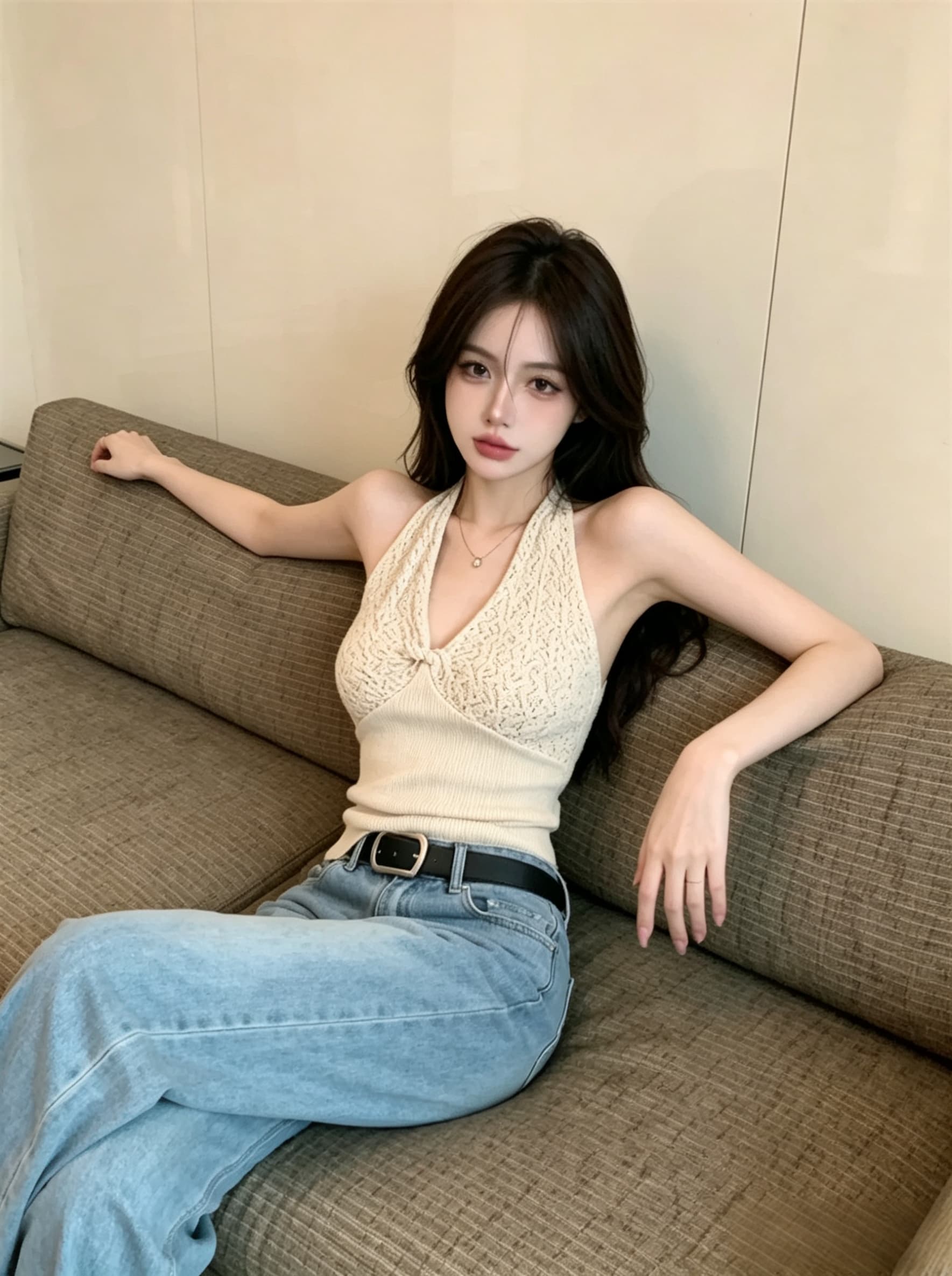 실사 정가 분위기 센스 핫걸 행침 목 니트 맨위 순수한 욕망 V넥 레이스 조각 백리스 조끼 여성 상세 이미지 1