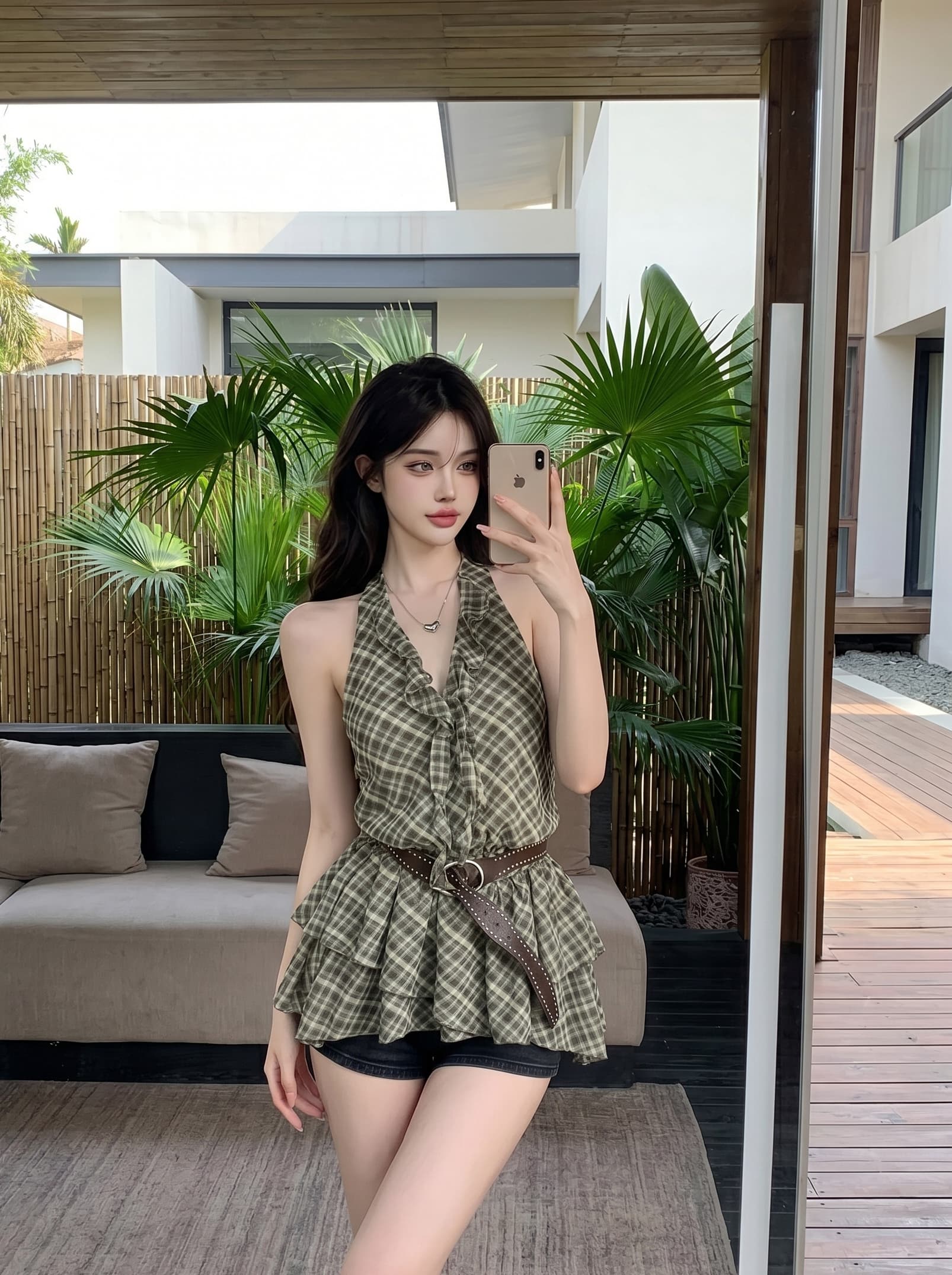 실사 정가 핫걸 행침 목 프릴 맨위 슬림해 보이는 체크무늬 민소매 V넥 순수한 욕망 바람 쉬폰 블라우스 벨트 포함 이미지 4