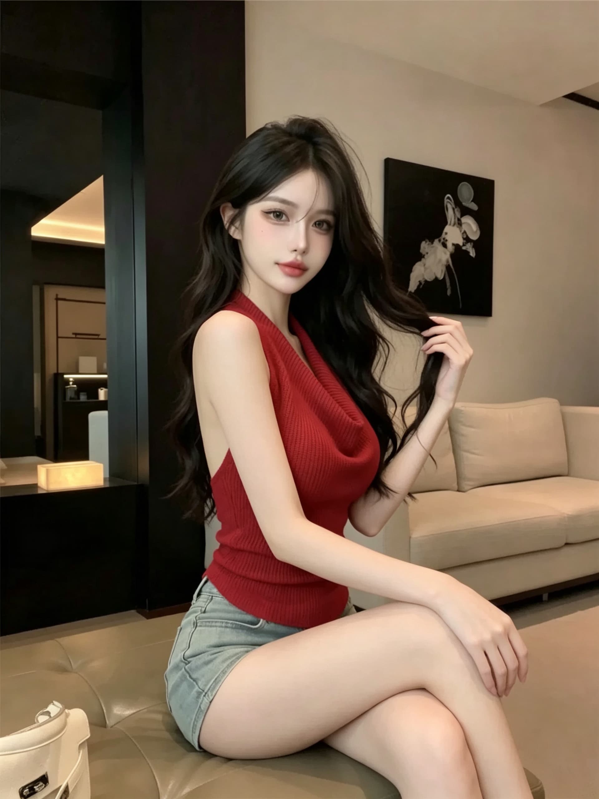 실사 정가 프랑스식 부드러운 바람 행침 목 니트 슬립 흔들다 칼라 디자인 섹시함 백리스 다용도 민소매 맨위 상세 이미지 13
