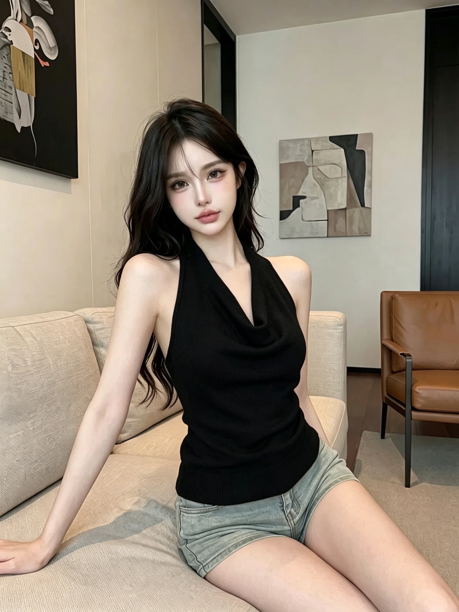 실사 정가 프랑스식 부드러운 바람 행침 목 니트 슬립 흔들다 칼라 디자인 섹시함 백리스 다용도 민소매 맨위 상세 이미지 26