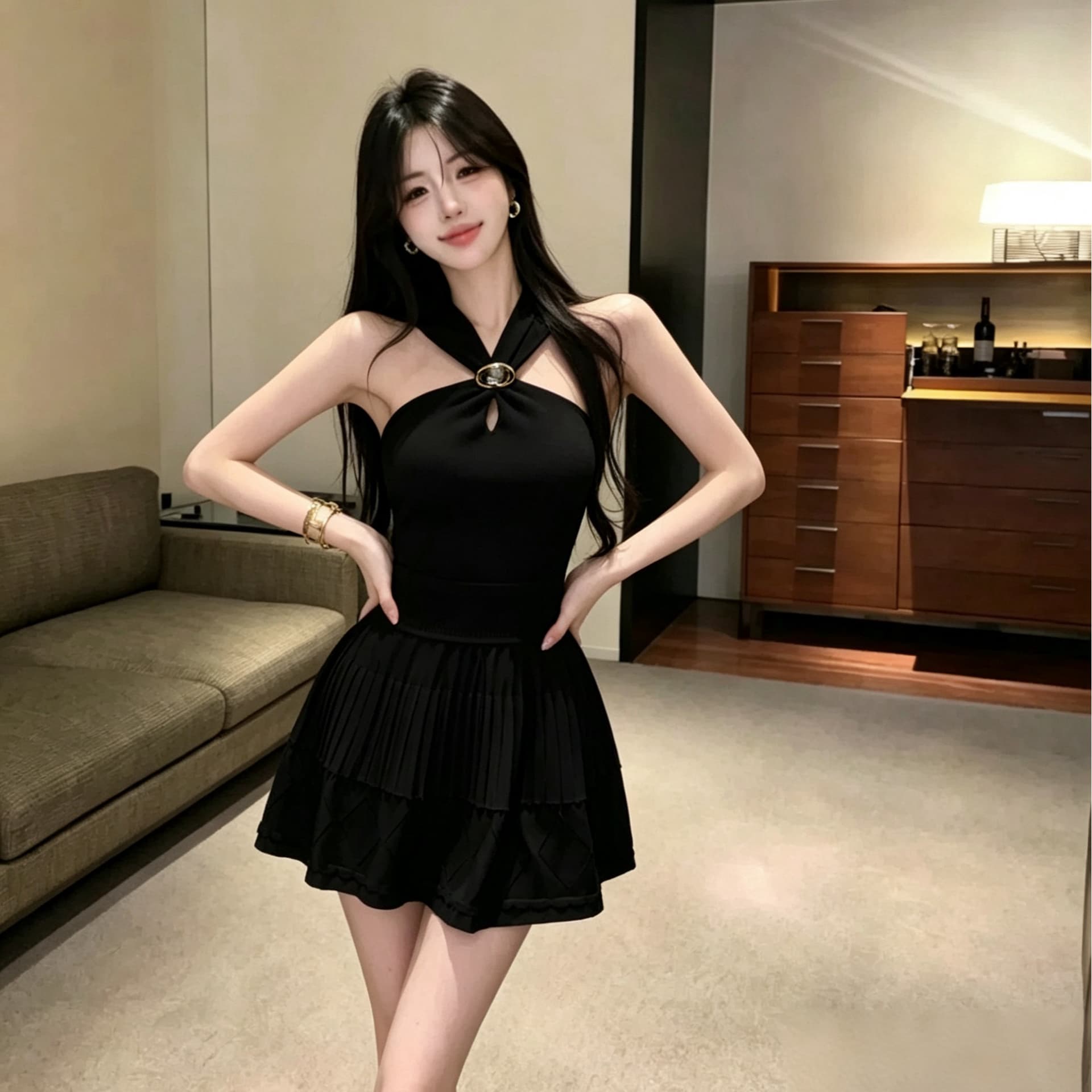 실사 정가 순수한 욕망 바람 행침 목 홀로우 아웃 드레스 허리 수축 플리츠 몸매 가꾸기 핫걸 데이트 쇼트 스타일 니트 원피스 이미지 5