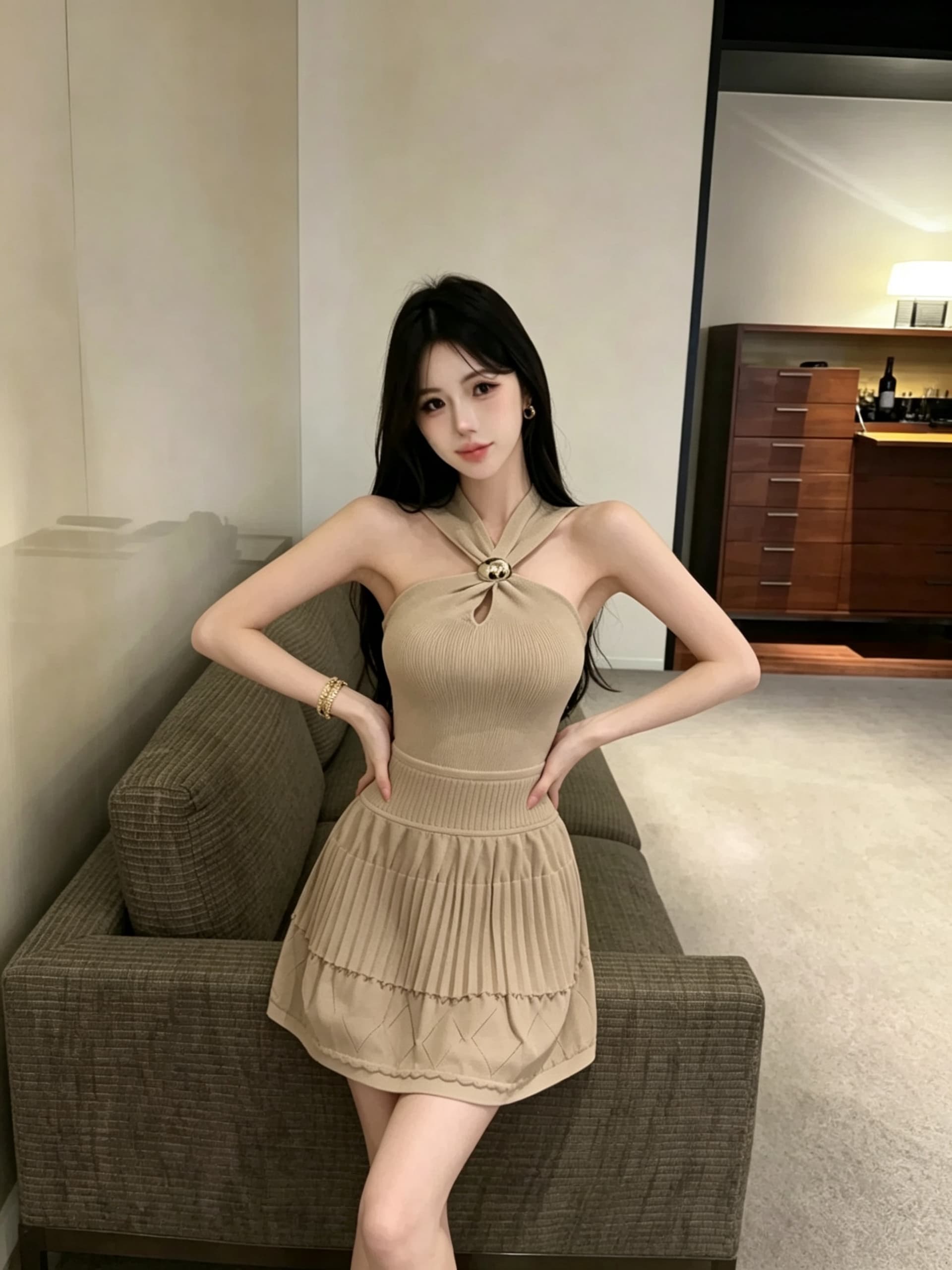실사 정가 순수한 욕망 바람 행침 목 홀로우 아웃 드레스 허리 수축 플리츠 몸매 가꾸기 핫걸 데이트 쇼트 스타일 니트 원피스 상세 이미지 13