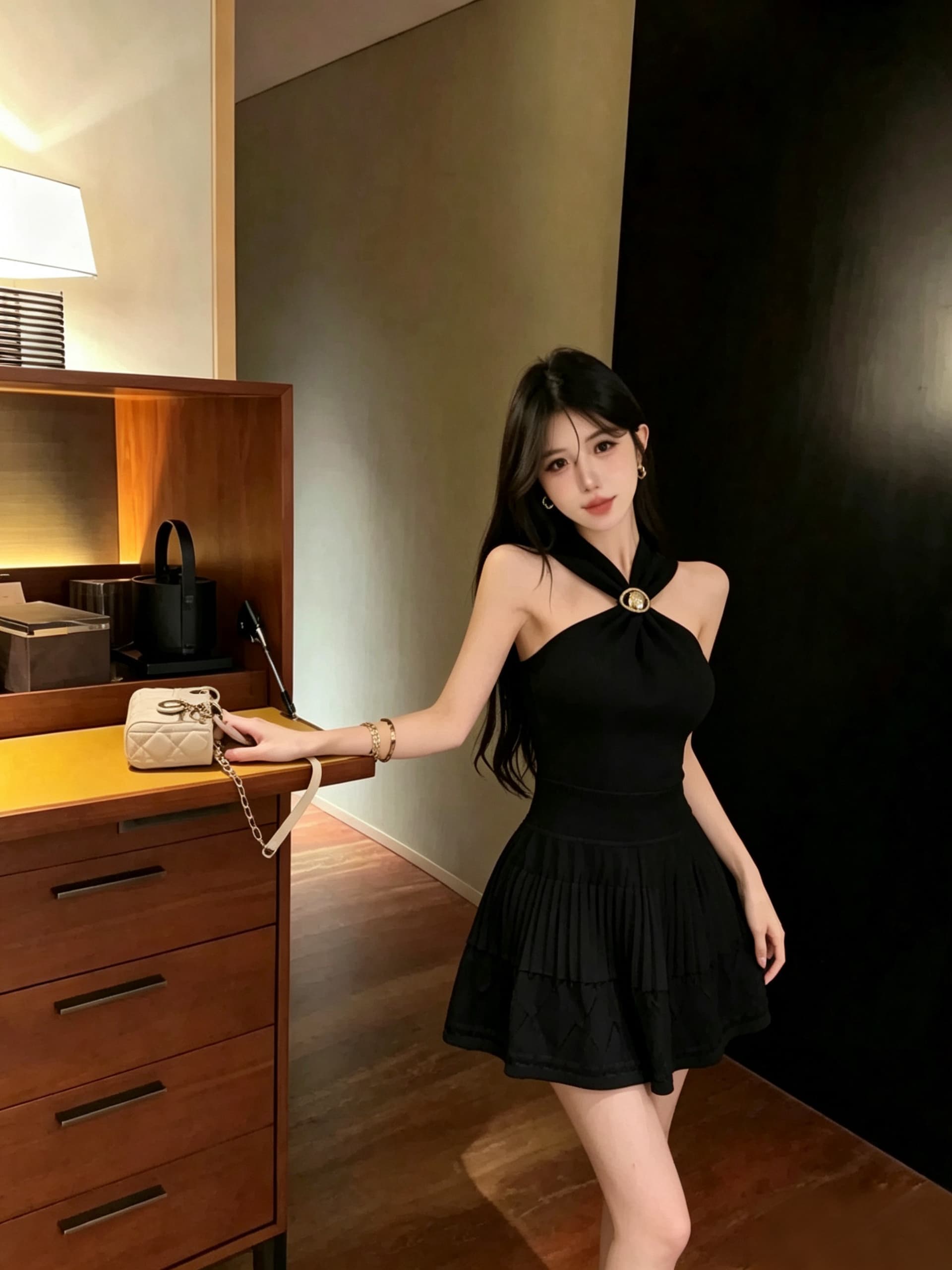 실사 정가 순수한 욕망 바람 행침 목 홀로우 아웃 드레스 허리 수축 플리츠 몸매 가꾸기 핫걸 데이트 쇼트 스타일 니트 원피스 상세 이미지 19