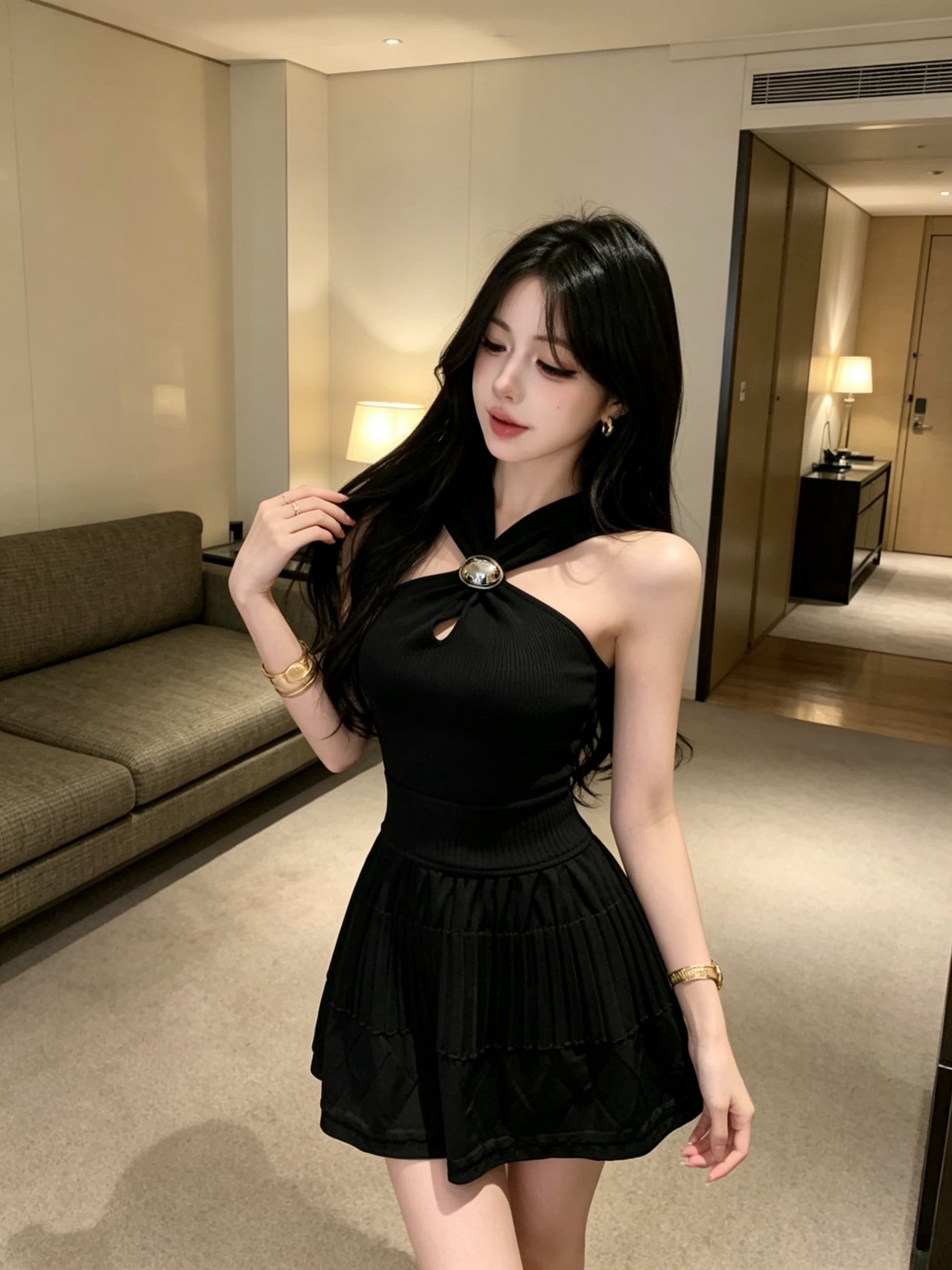 실사 정가 순수한 욕망 바람 행침 목 홀로우 아웃 드레스 허리 수축 플리츠 몸매 가꾸기 핫걸 데이트 쇼트 스타일 니트 원피스 상세 이미지 23