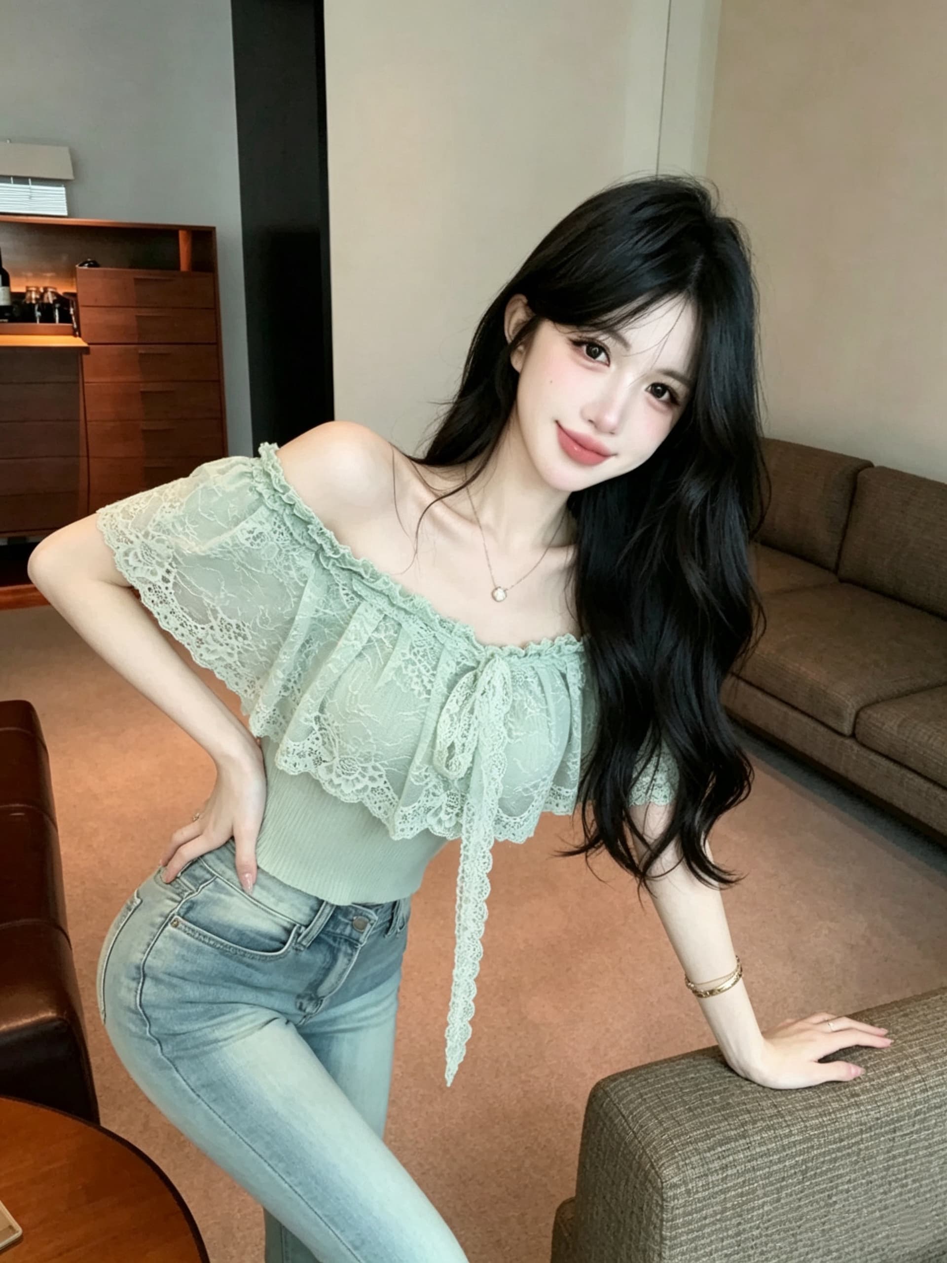 실사 정가 핫걸 홀로우 아웃 레이스 행침 목 튜브탑 오프숄더 허리 수축 쇼트 스타일 오프숄더 슬림해 보이는 순수한 욕망 바람 맨위 이미지 3