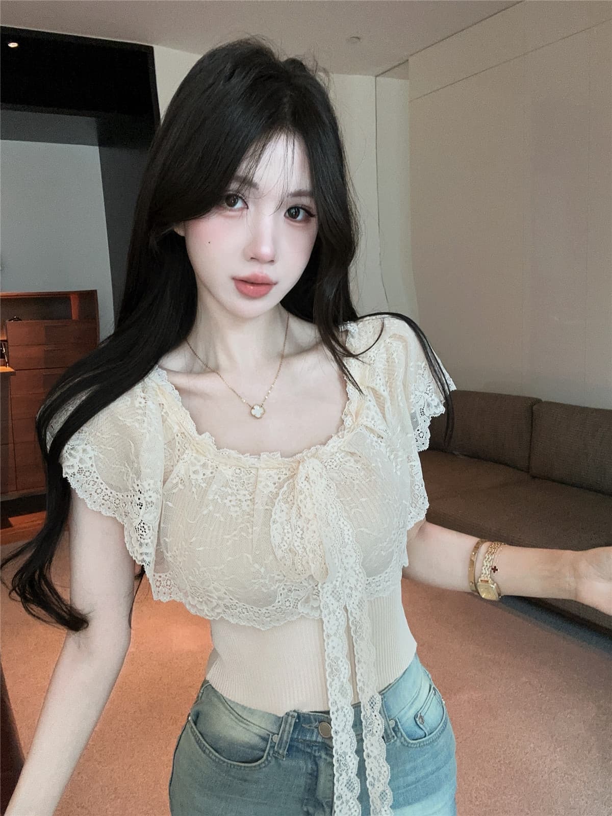 실사 정가 핫걸 홀로우 아웃 레이스 행침 목 튜브탑 오프숄더 허리 수축 쇼트 스타일 오프숄더 슬림해 보이는 순수한 욕망 바람 맨위 상세 이미지 7