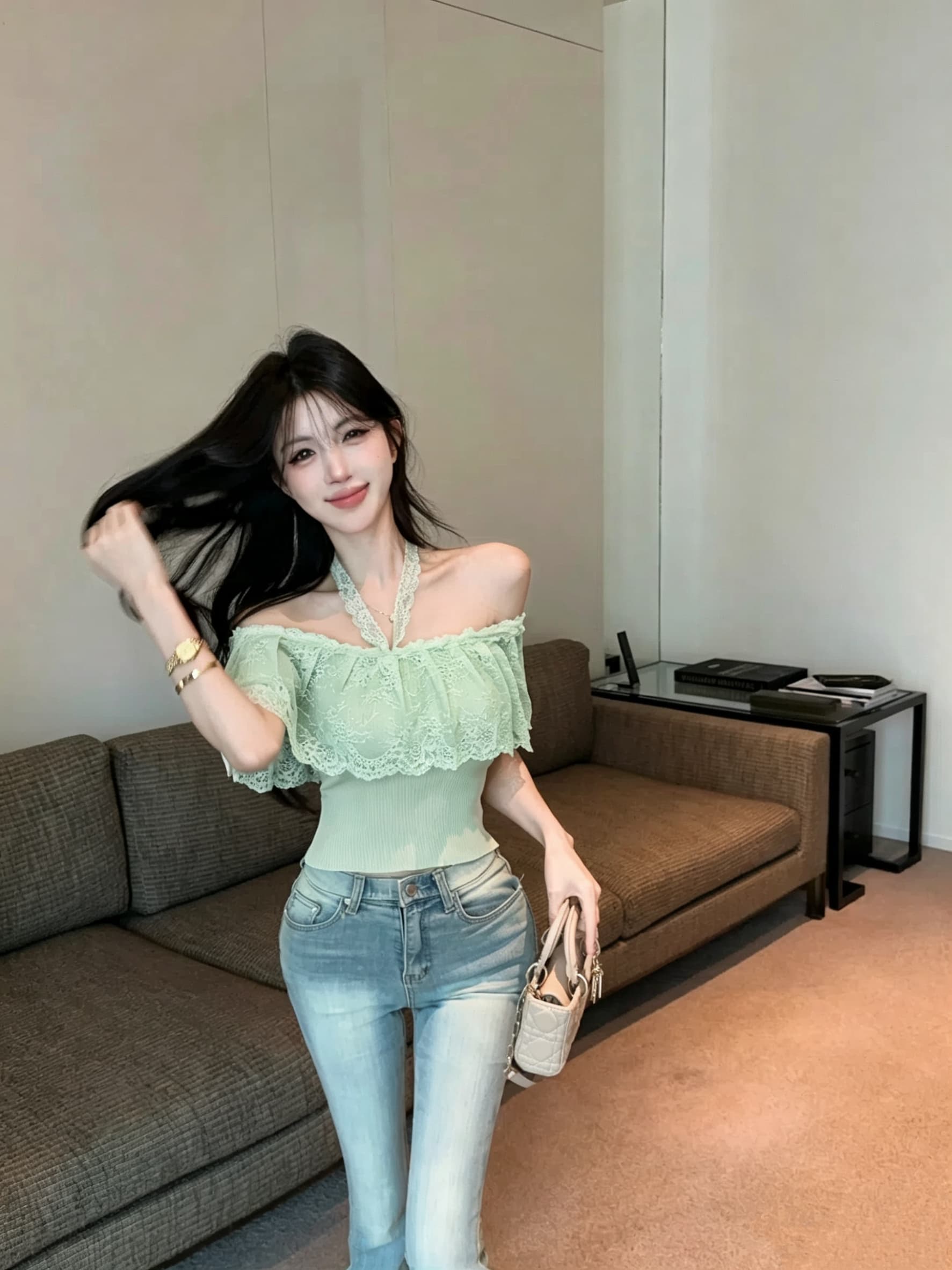실사 정가 핫걸 홀로우 아웃 레이스 행침 목 튜브탑 오프숄더 허리 수축 쇼트 스타일 오프숄더 슬림해 보이는 순수한 욕망 바람 맨위 상세 이미지 14