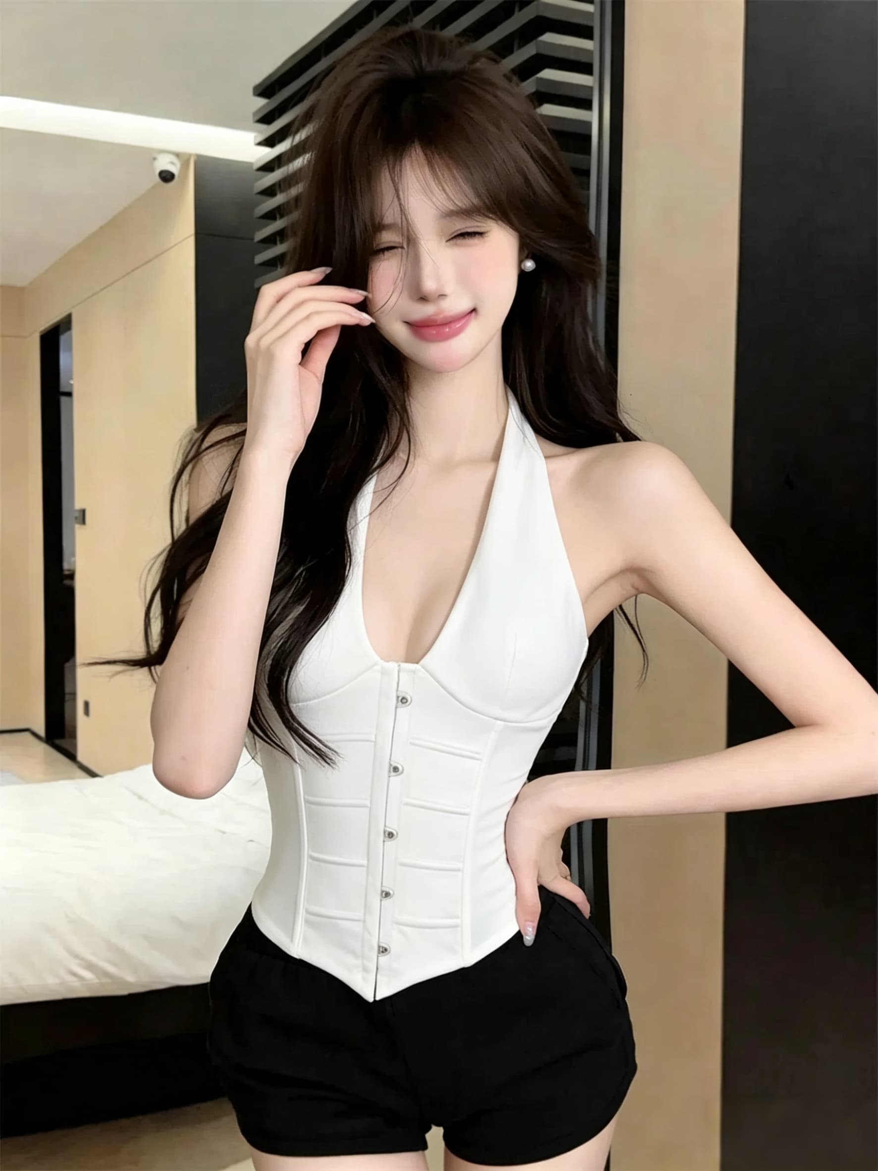 실사 정가 순수한 욕망 행침 목 생선뼈 허리 조끼 깊은 v 허리 수축 슬림해 보이는 쇼트 스타일 백리스 섹시함 튜브탑 맨위 상세 이미지 13