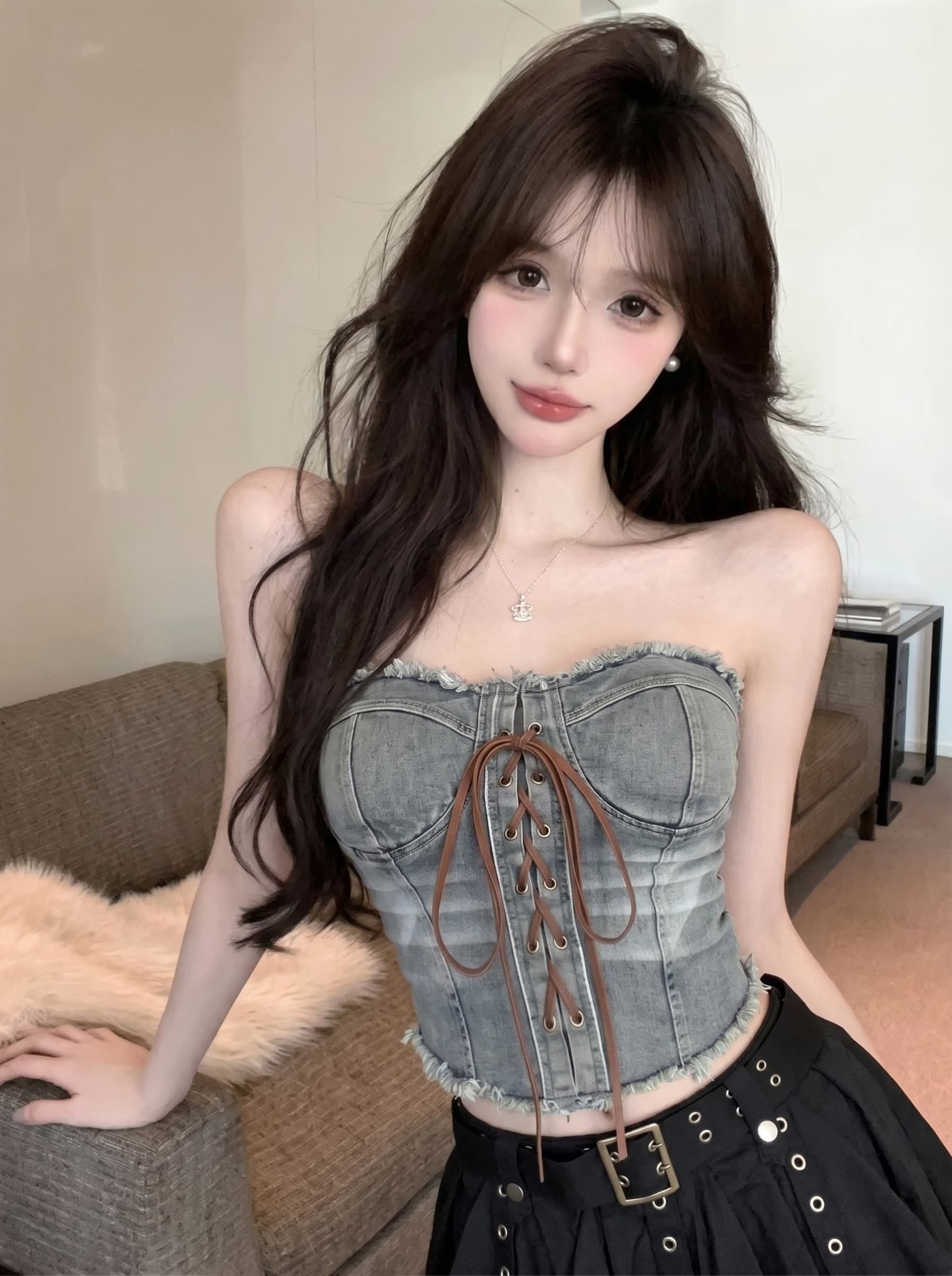 실사 정가 아메리칸 레트로 마 오래된 데님 튜브탑 핫걸 거친 가장자리 레이스업 허리 수축 쇼트 스타일 이슬 허리 달콤한 차가운 맨위