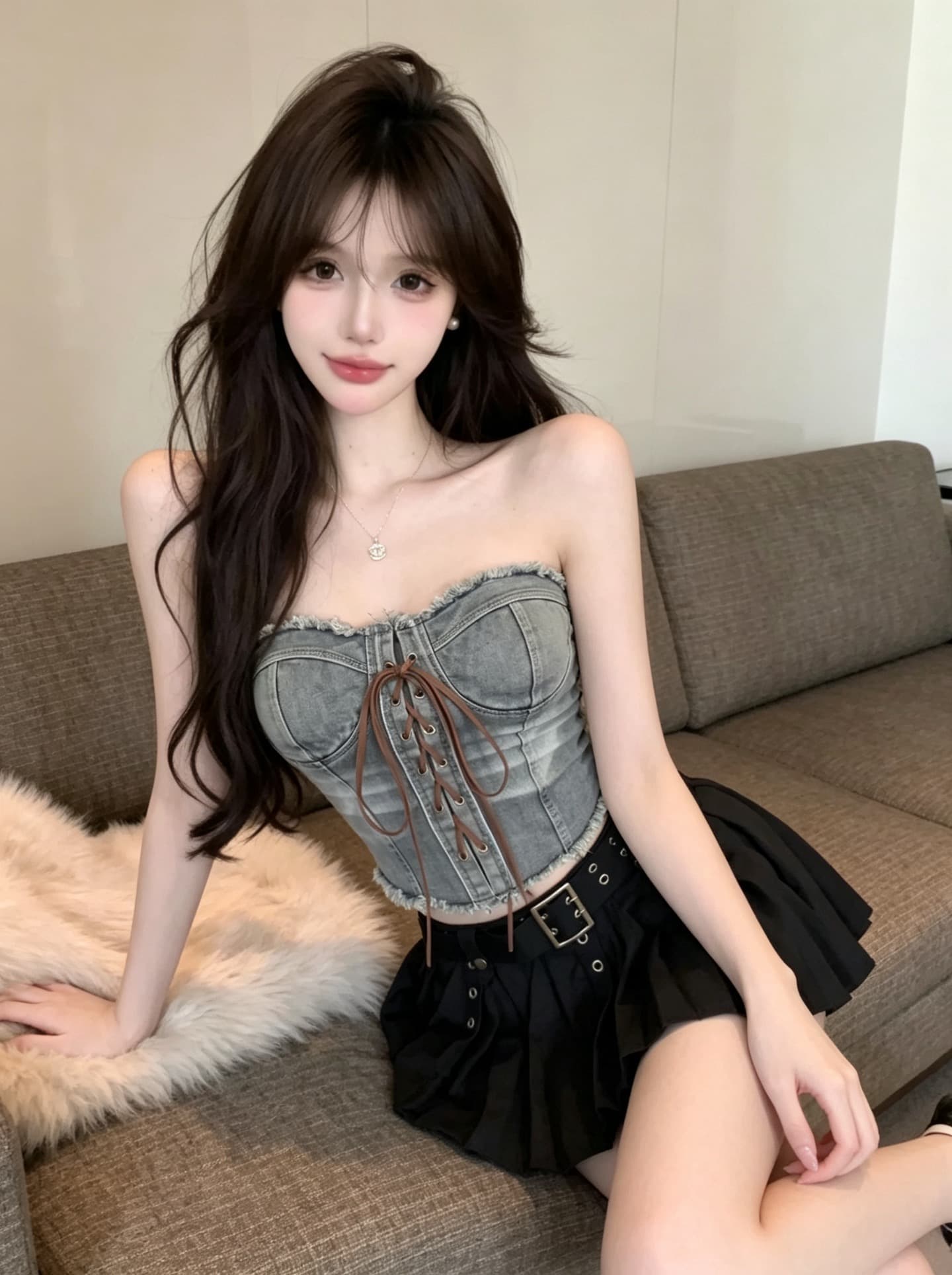실사 정가 아메리칸 레트로 마 오래된 데님 튜브탑 핫걸 거친 가장자리 레이스업 허리 수축 쇼트 스타일 이슬 허리 달콤한 차가운 맨위 이미지 4