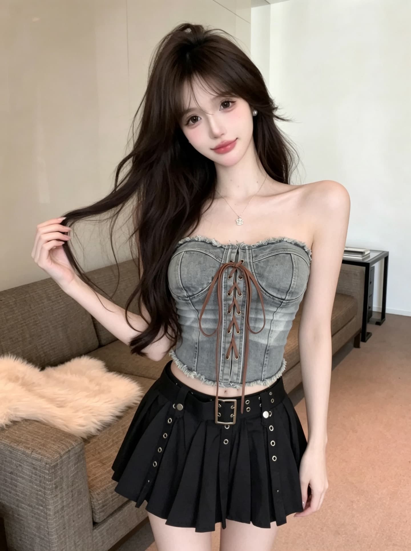 실사 정가 아메리칸 레트로 마 오래된 데님 튜브탑 핫걸 거친 가장자리 레이스업 허리 수축 쇼트 스타일 이슬 허리 달콤한 차가운 맨위 상세 이미지 5