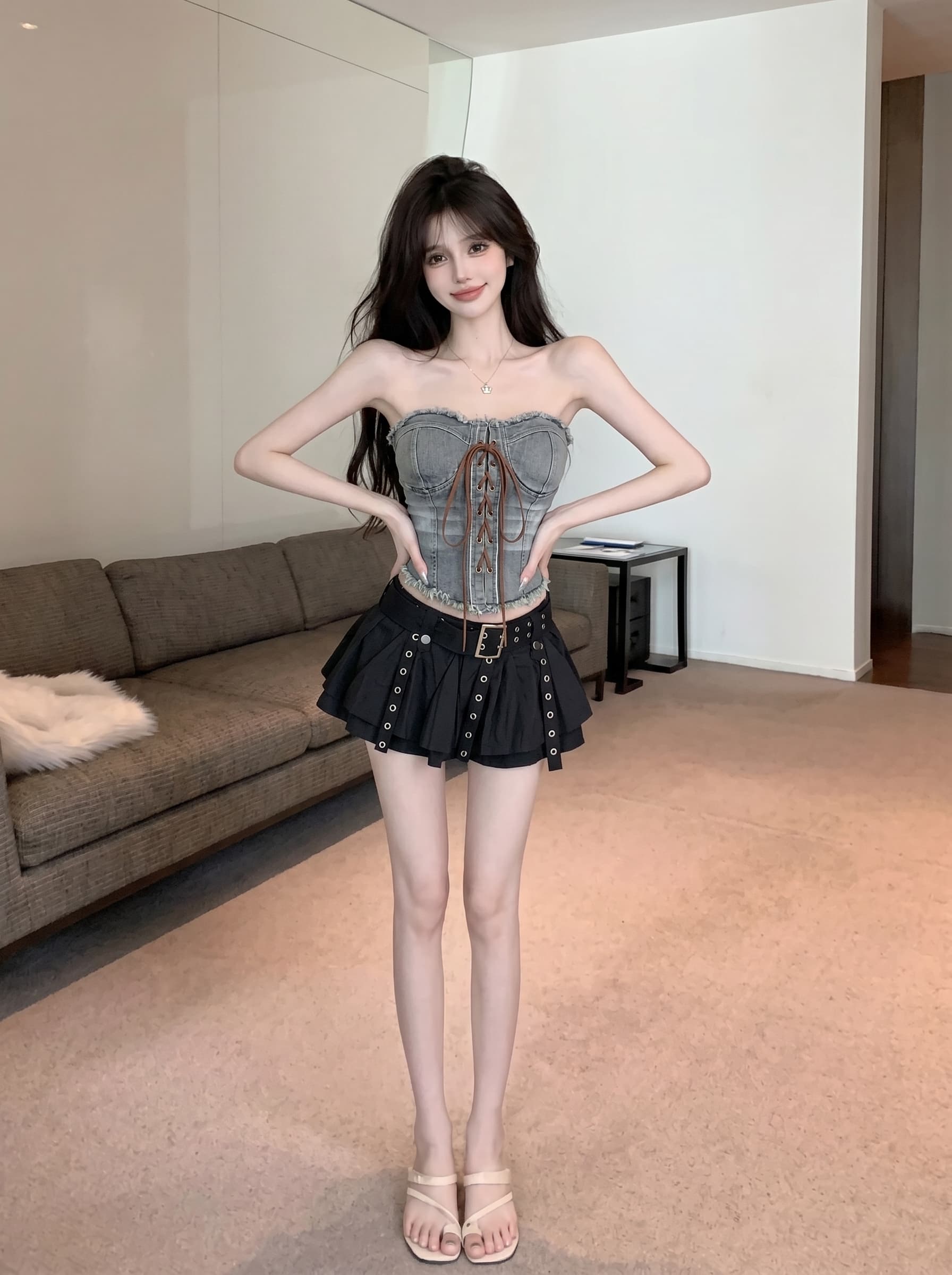 실사 정가 아메리칸 레트로 마 오래된 데님 튜브탑 핫걸 거친 가장자리 레이스업 허리 수축 쇼트 스타일 이슬 허리 달콤한 차가운 맨위 상세 이미지 8