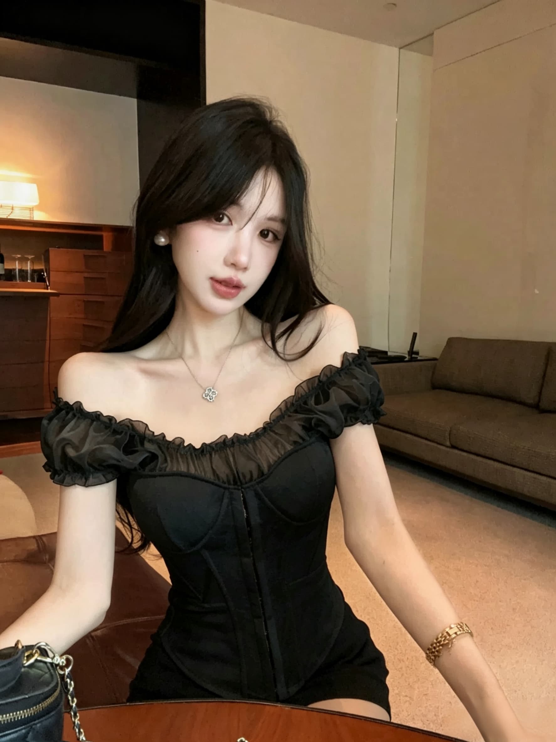 실사 정가 프랑스식 프릴 오프숄더 튜브탑 레이스 허리 수축 쇼트 스타일 핫걸 슬림해 보이는 거품 소매 작은 셔츠 이미지 2