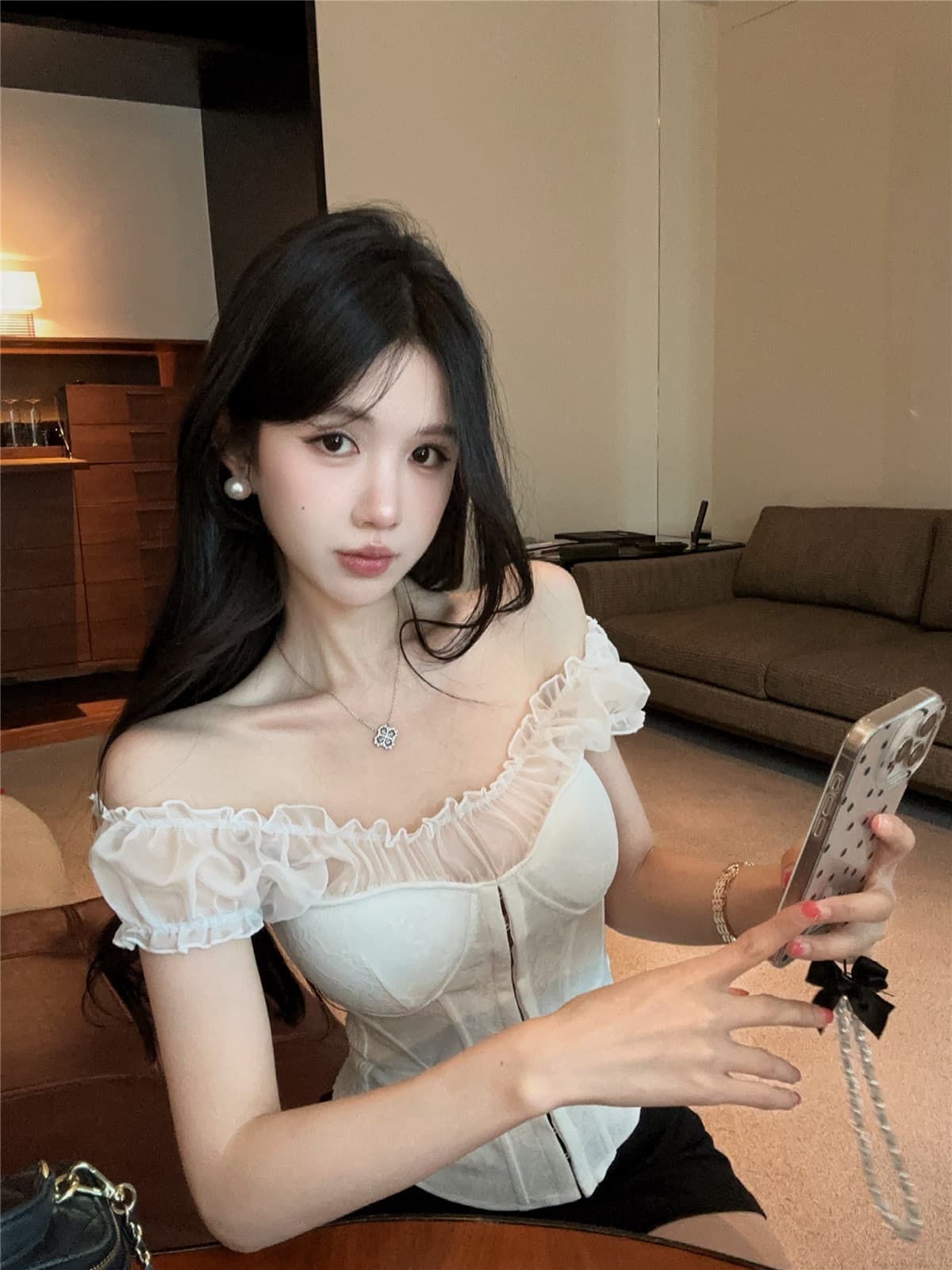 실사 정가 프랑스식 프릴 오프숄더 튜브탑 레이스 허리 수축 쇼트 스타일 핫걸 슬림해 보이는 거품 소매 작은 셔츠 상세 이미지 1