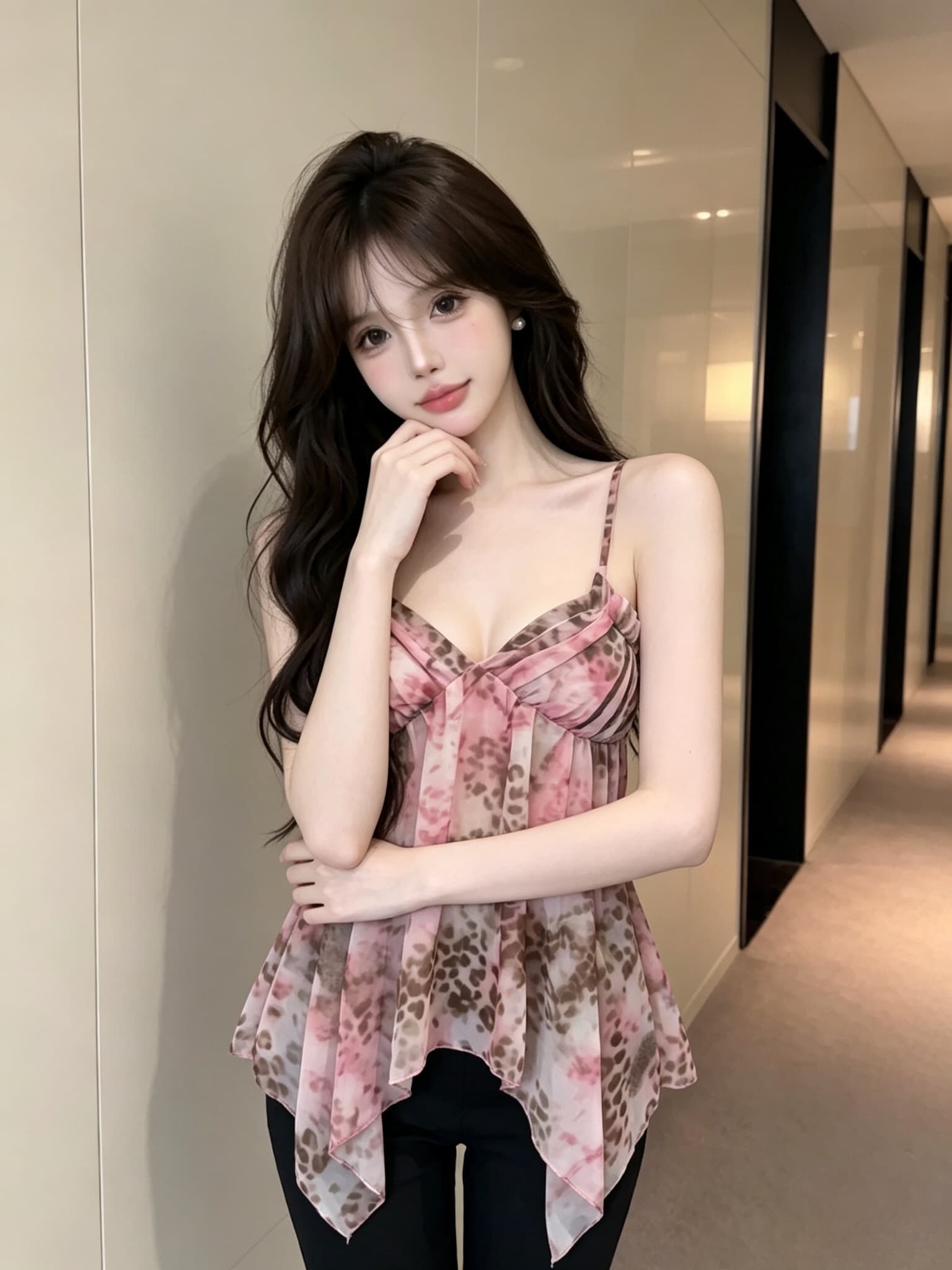 실사 정가 달콤한 차가운 헤일로 염색 레오파드 무늬 캐미솔 쉬폰 도루 센스 불규칙 밑단 순수한 욕망 바람 V넥 조끼 상세 이미지 1