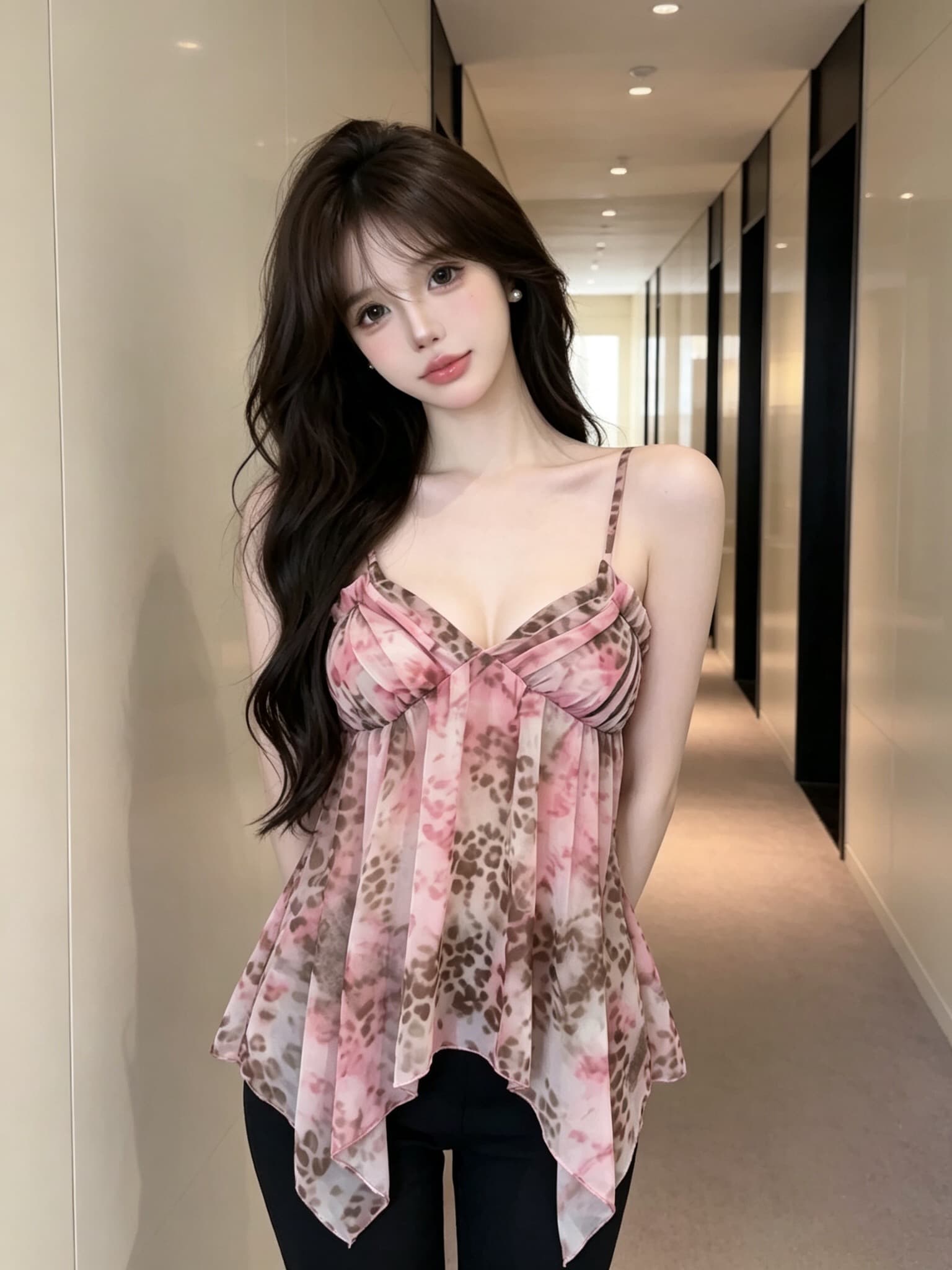 실사 정가 달콤한 차가운 헤일로 염색 레오파드 무늬 캐미솔 쉬폰 도루 센스 불규칙 밑단 순수한 욕망 바람 V넥 조끼 상세 이미지 3
