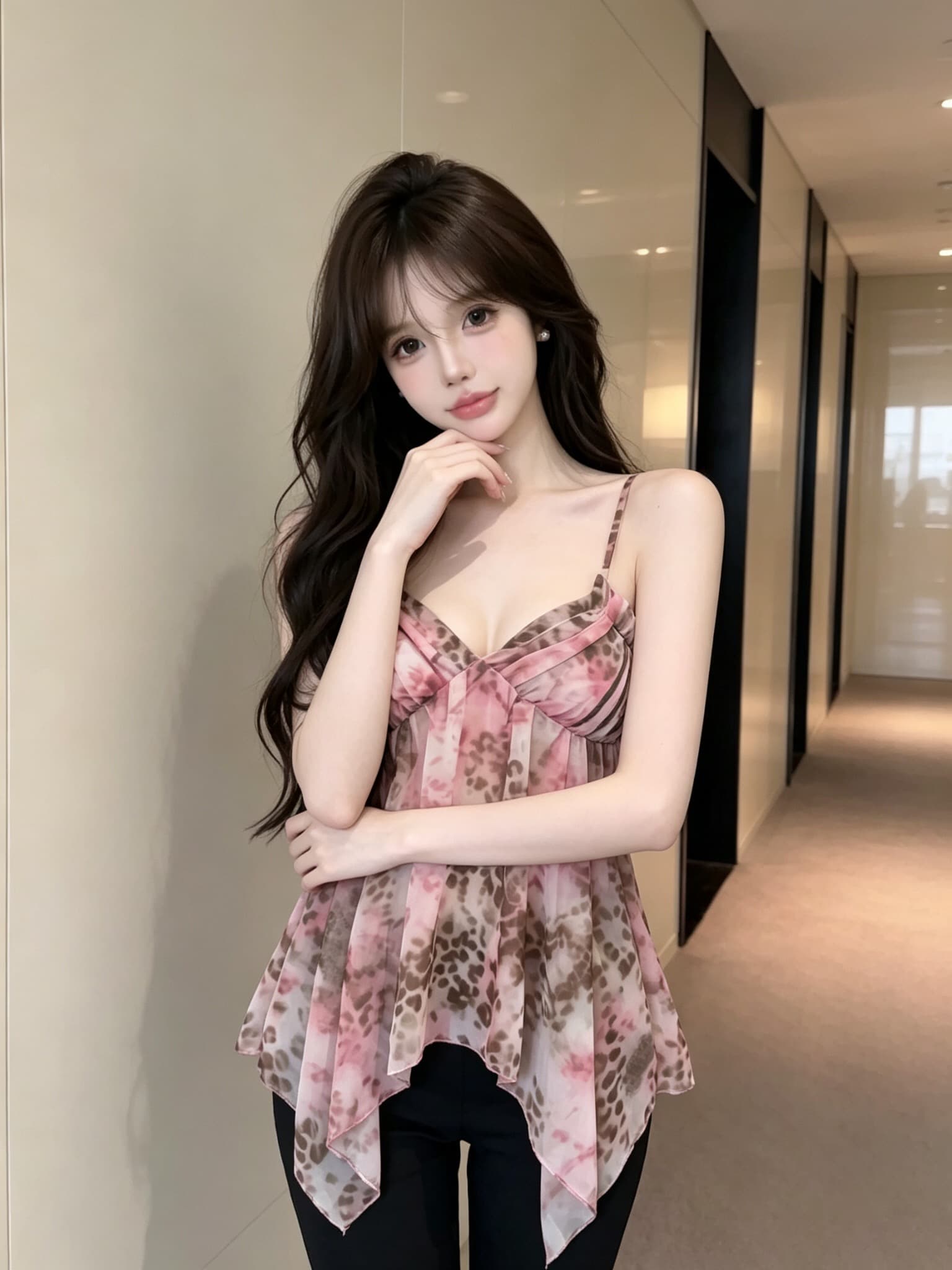 실사 정가 달콤한 차가운 헤일로 염색 레오파드 무늬 캐미솔 쉬폰 도루 센스 불규칙 밑단 순수한 욕망 바람 V넥 조끼 상세 이미지 4