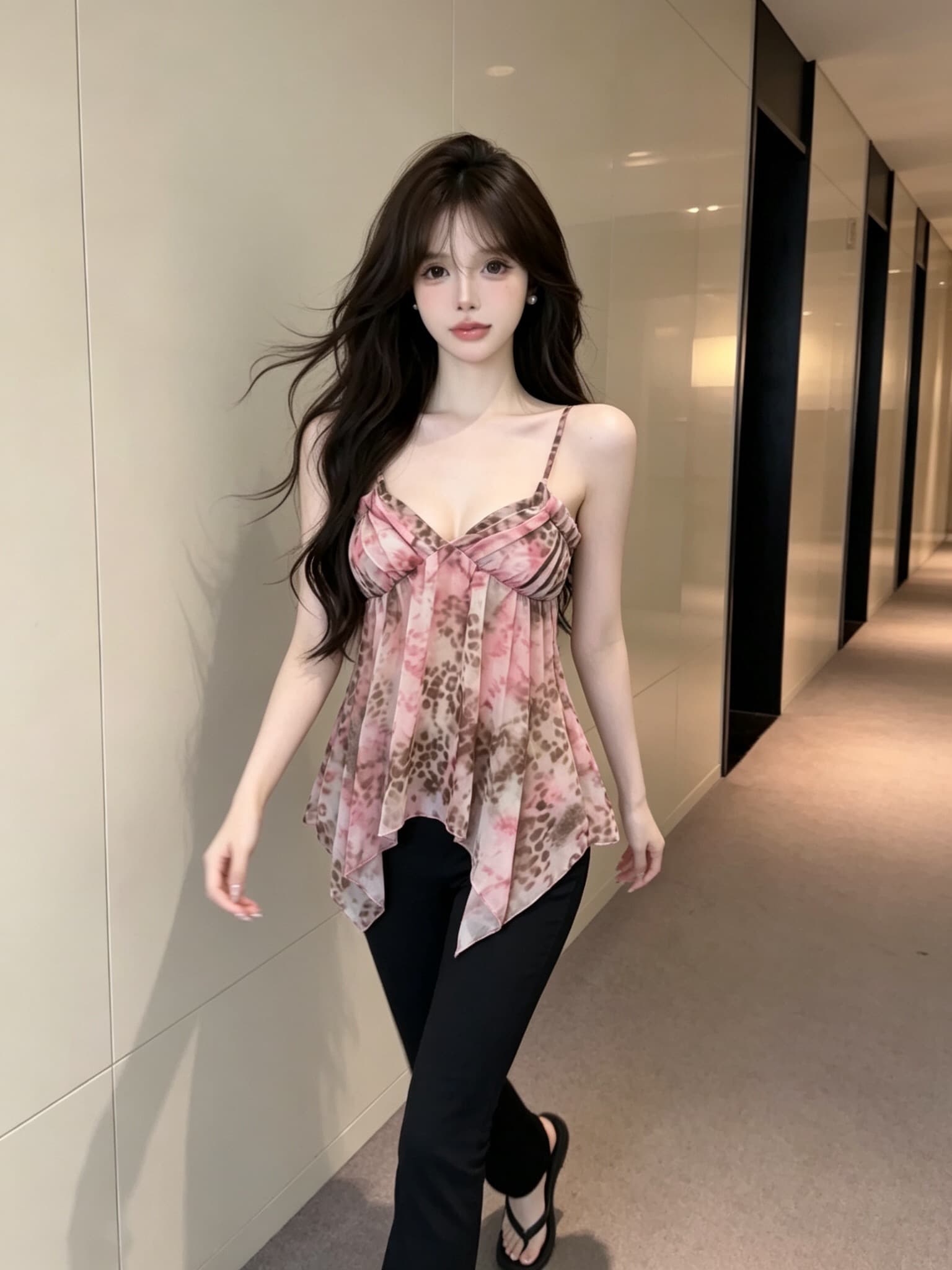 실사 정가 달콤한 차가운 헤일로 염색 레오파드 무늬 캐미솔 쉬폰 도루 센스 불규칙 밑단 순수한 욕망 바람 V넥 조끼 상세 이미지 5