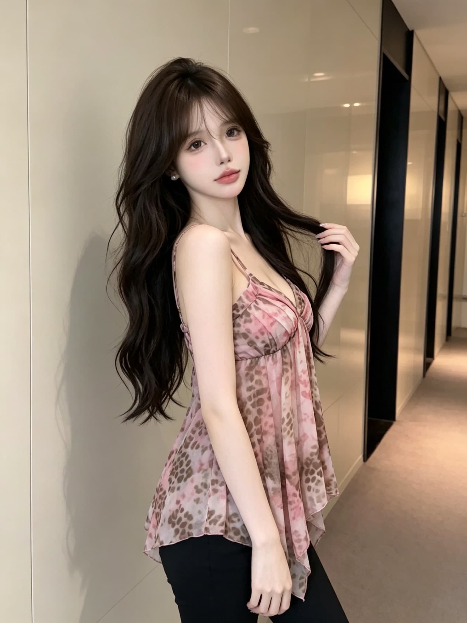 실사 정가 달콤한 차가운 헤일로 염색 레오파드 무늬 캐미솔 쉬폰 도루 센스 불규칙 밑단 순수한 욕망 바람 V넥 조끼 상세 이미지 6