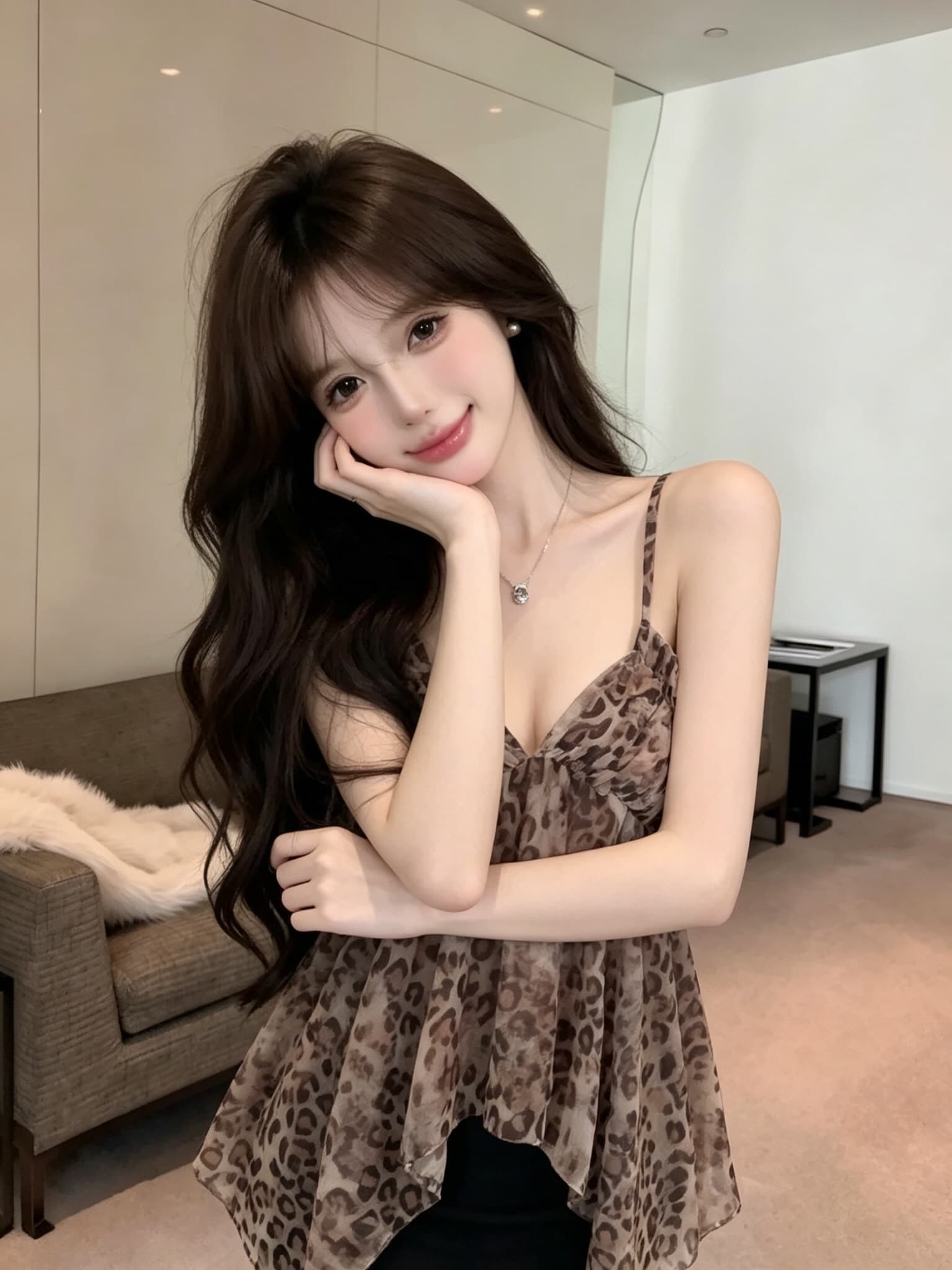 실사 정가 달콤한 차가운 헤일로 염색 레오파드 무늬 캐미솔 쉬폰 도루 센스 불규칙 밑단 순수한 욕망 바람 V넥 조끼 상세 이미지 12