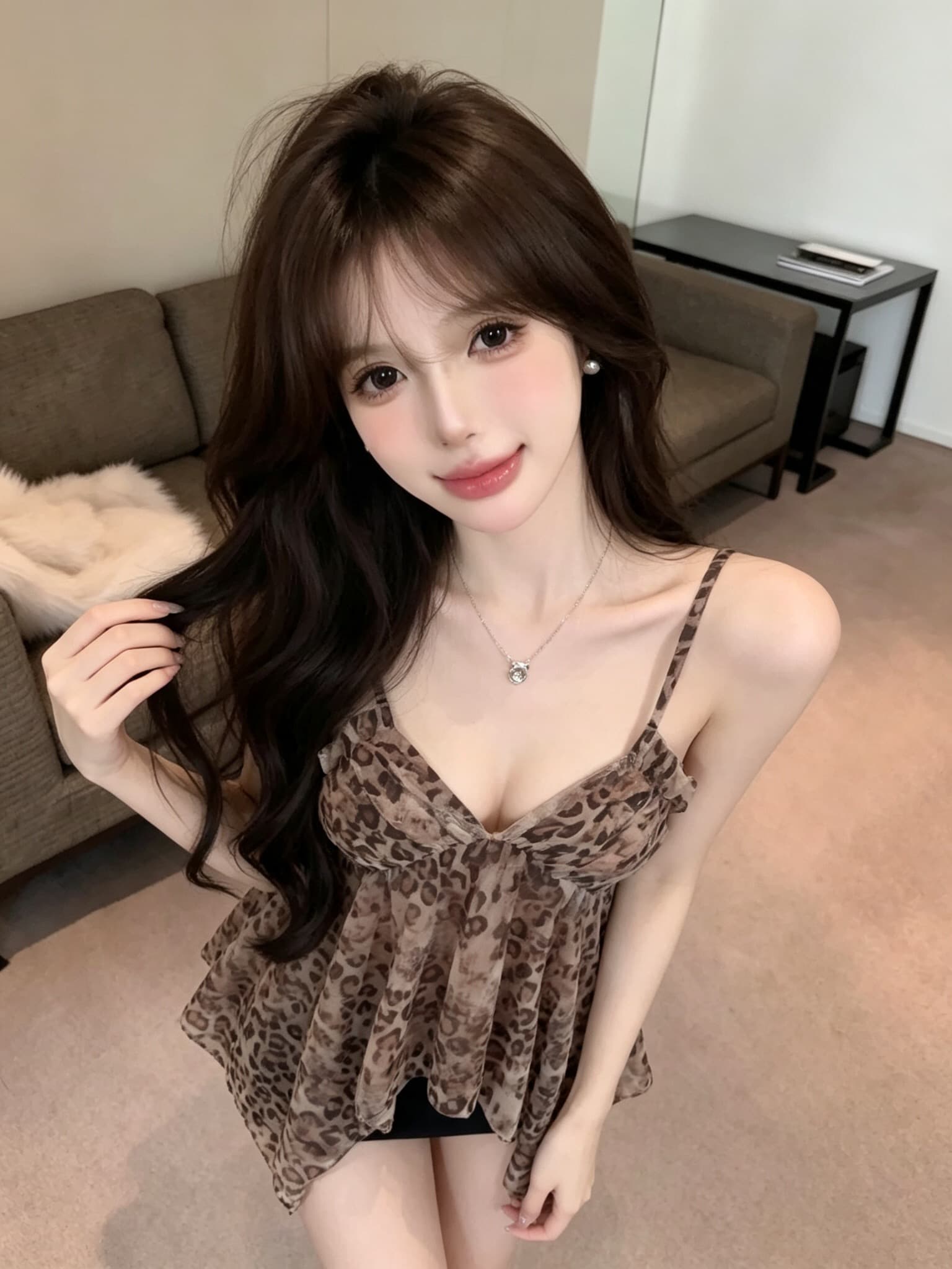 실사 정가 달콤한 차가운 헤일로 염색 레오파드 무늬 캐미솔 쉬폰 도루 센스 불규칙 밑단 순수한 욕망 바람 V넥 조끼 상세 이미지 14