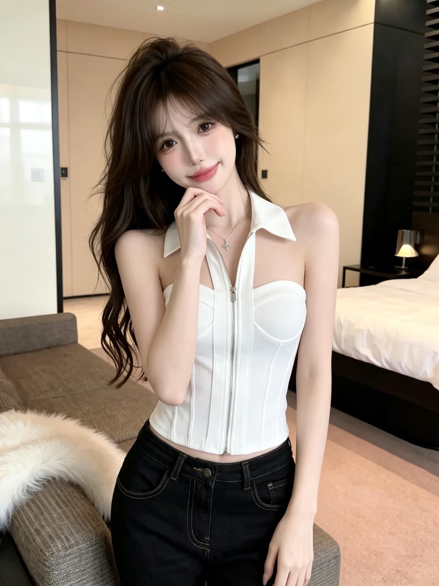 실사 정가 아메리칸 핫걸 행침 목 셔츠 칼라 튜브탑 생선뼈 허리 수축 슬림해 보이는 지퍼 몸매 가꾸기 이슬 뼈의 맨위 상세 이미지 5