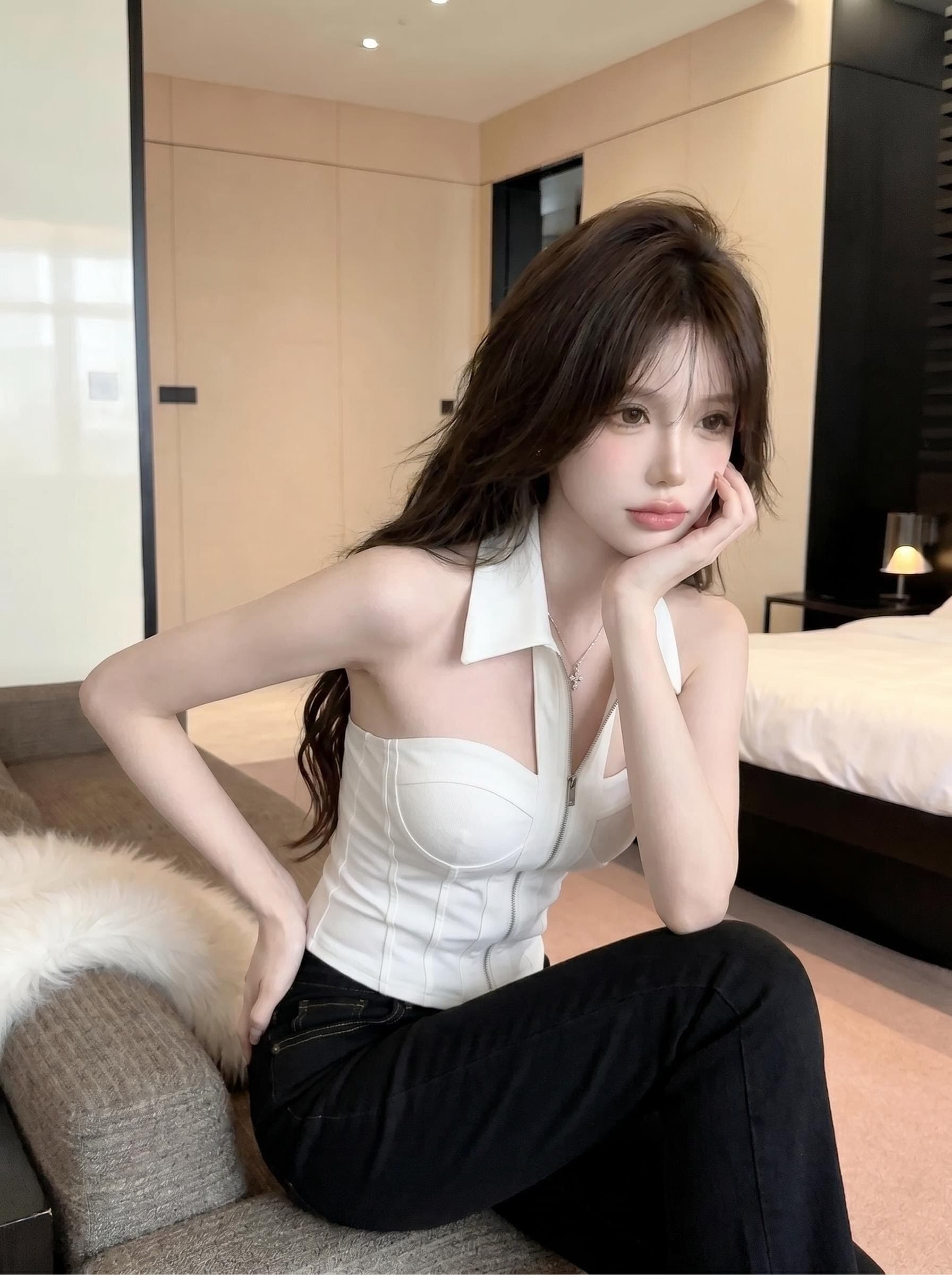 실사 정가 아메리칸 핫걸 행침 목 셔츠 칼라 튜브탑 생선뼈 허리 수축 슬림해 보이는 지퍼 몸매 가꾸기 이슬 뼈의 맨위 상세 이미지 8