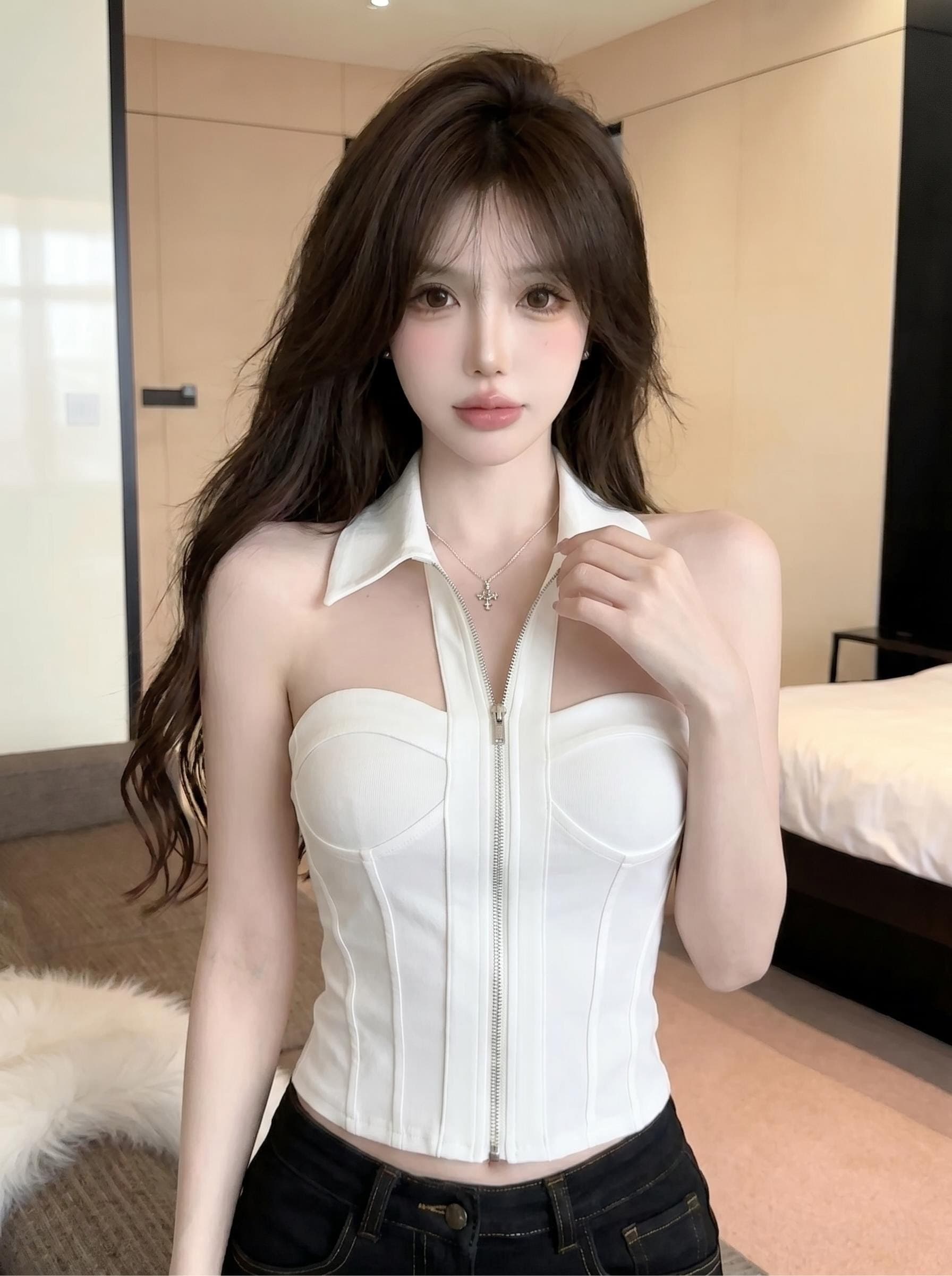 실사 정가 아메리칸 핫걸 행침 목 셔츠 칼라 튜브탑 생선뼈 허리 수축 슬림해 보이는 지퍼 몸매 가꾸기 이슬 뼈의 맨위 상세 이미지 9