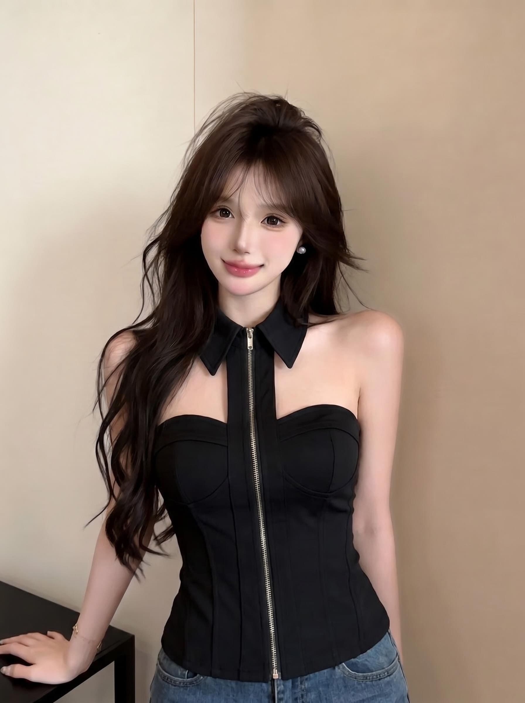 실사 정가 아메리칸 핫걸 행침 목 셔츠 칼라 튜브탑 생선뼈 허리 수축 슬림해 보이는 지퍼 몸매 가꾸기 이슬 뼈의 맨위 상세 이미지 10