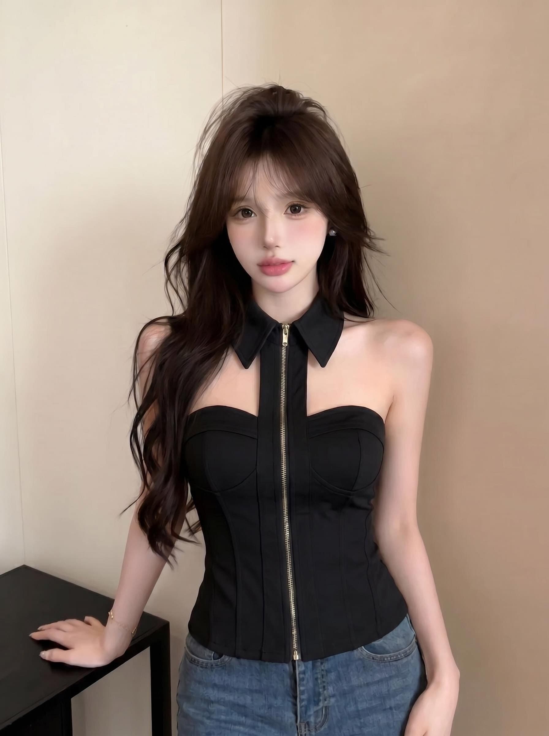 실사 정가 아메리칸 핫걸 행침 목 셔츠 칼라 튜브탑 생선뼈 허리 수축 슬림해 보이는 지퍼 몸매 가꾸기 이슬 뼈의 맨위 상세 이미지 18