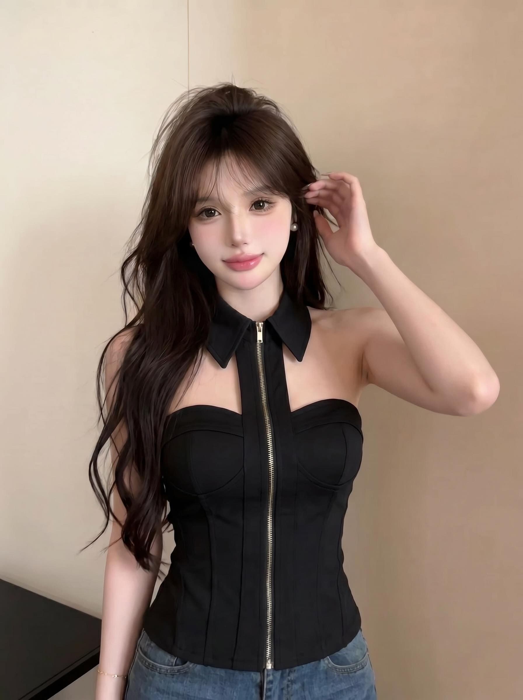 실사 정가 아메리칸 핫걸 행침 목 셔츠 칼라 튜브탑 생선뼈 허리 수축 슬림해 보이는 지퍼 몸매 가꾸기 이슬 뼈의 맨위 상세 이미지 19