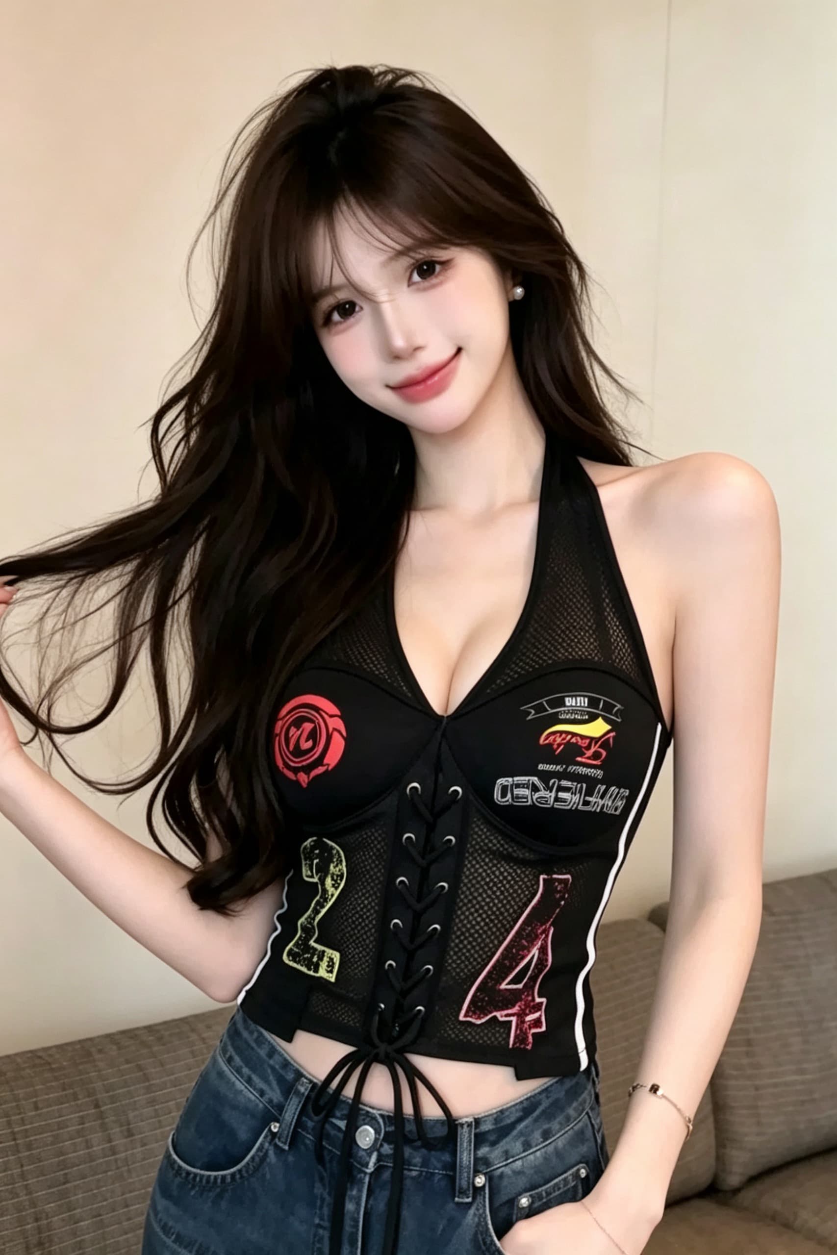 실사 정가 아메리칸 레트로 저지 캐미솔 외출용 스트랩 비대칭 프린트 핫걸 행침 목 맨위 이미지 2