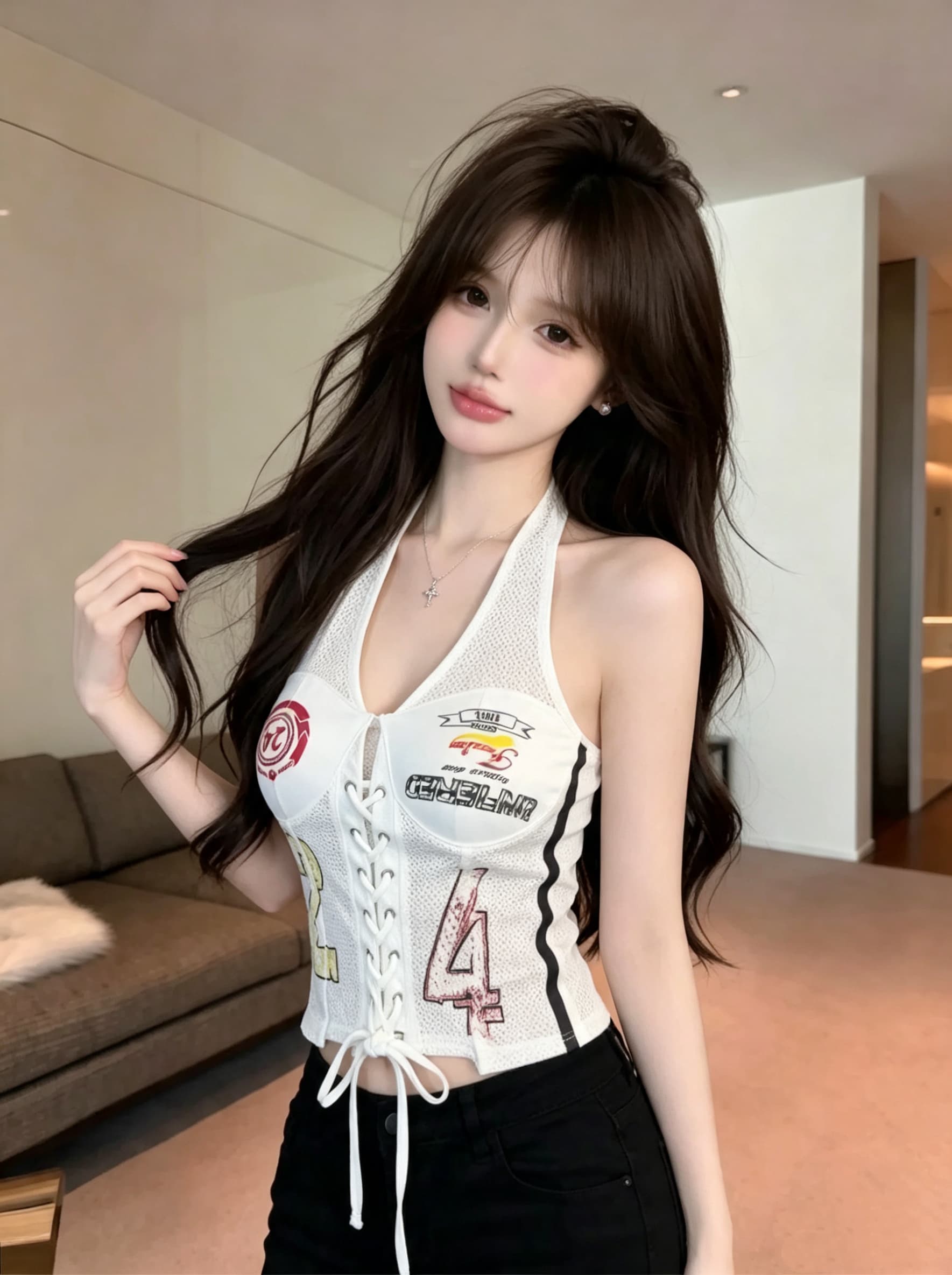 실사 정가 아메리칸 레트로 저지 캐미솔 외출용 스트랩 비대칭 프린트 핫걸 행침 목 맨위 상세 이미지 5