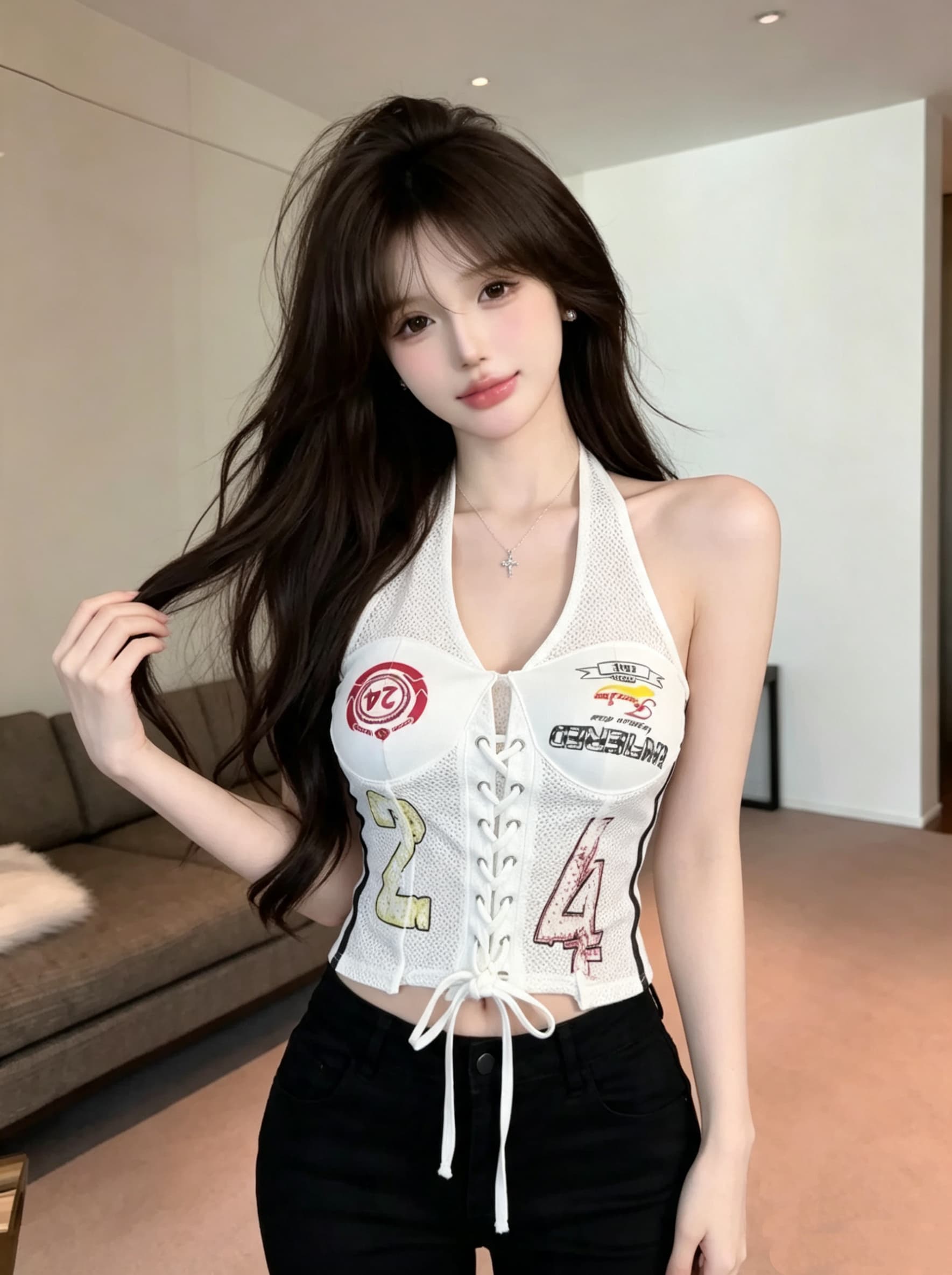 실사 정가 아메리칸 레트로 저지 캐미솔 외출용 스트랩 비대칭 프린트 핫걸 행침 목 맨위 상세 이미지 6