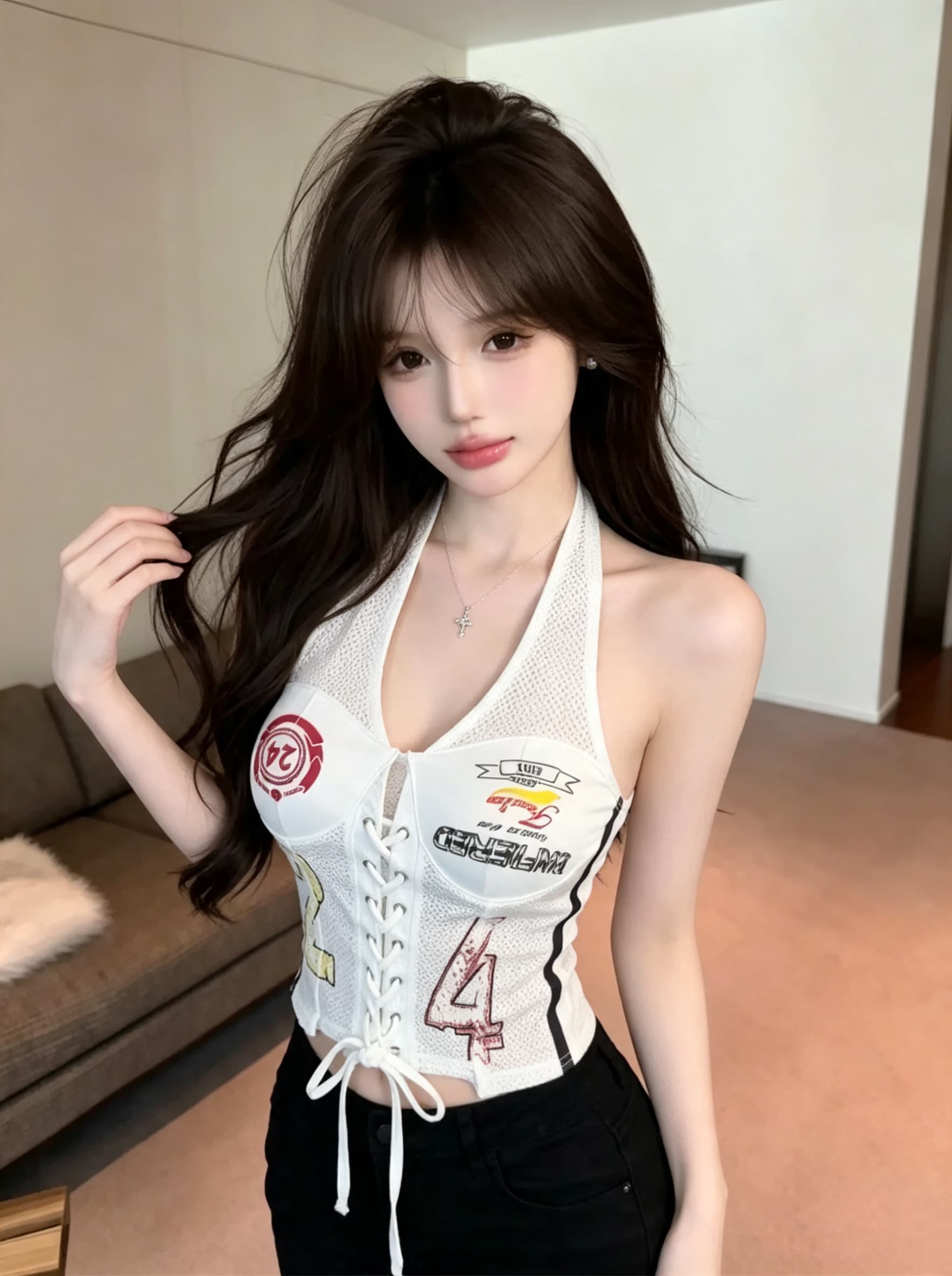 실사 정가 아메리칸 레트로 저지 캐미솔 외출용 스트랩 비대칭 프린트 핫걸 행침 목 맨위 상세 이미지 7