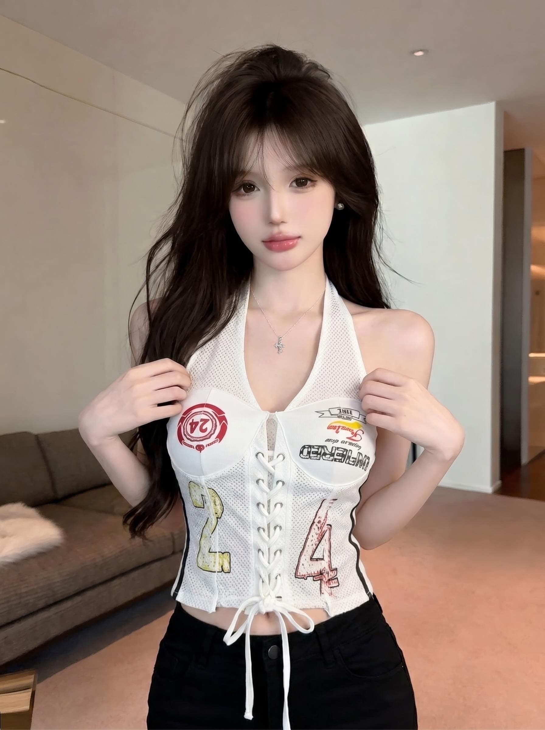 실사 정가 아메리칸 레트로 저지 캐미솔 외출용 스트랩 비대칭 프린트 핫걸 행침 목 맨위 상세 이미지 12