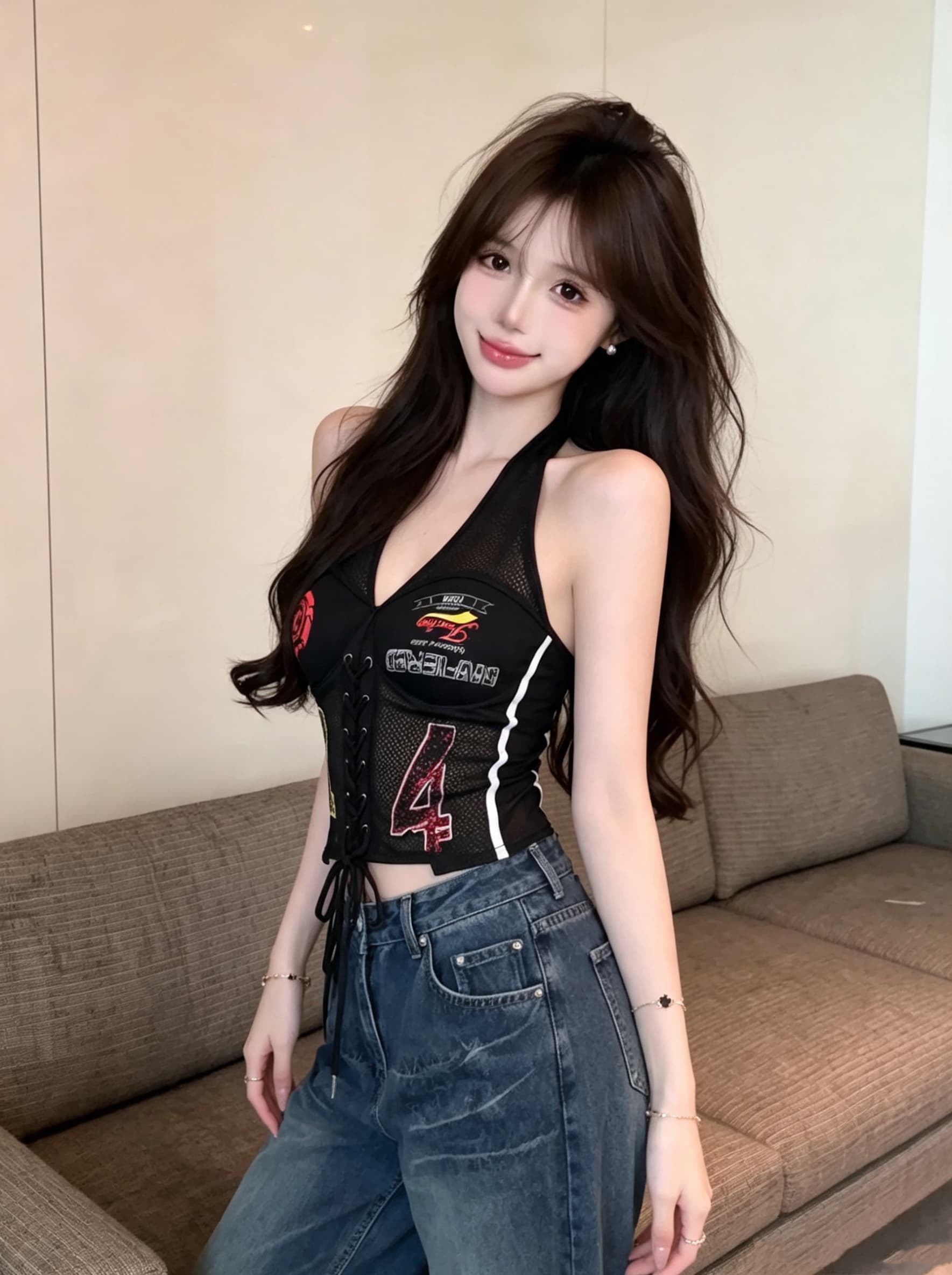 실사 정가 아메리칸 레트로 저지 캐미솔 외출용 스트랩 비대칭 프린트 핫걸 행침 목 맨위 상세 이미지 20