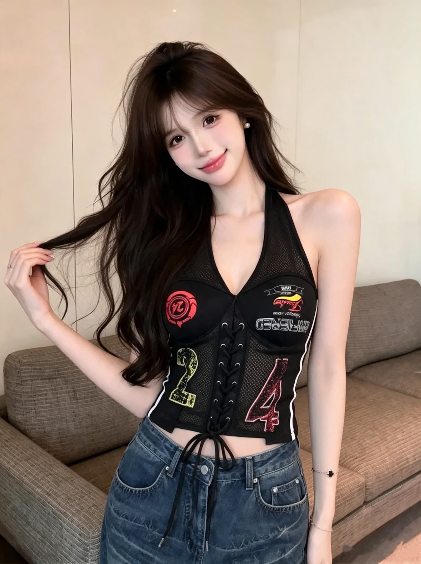 실사 정가 아메리칸 레트로 저지 캐미솔 외출용 스트랩 비대칭 프린트 핫걸 행침 목 맨위 상세 이미지 23