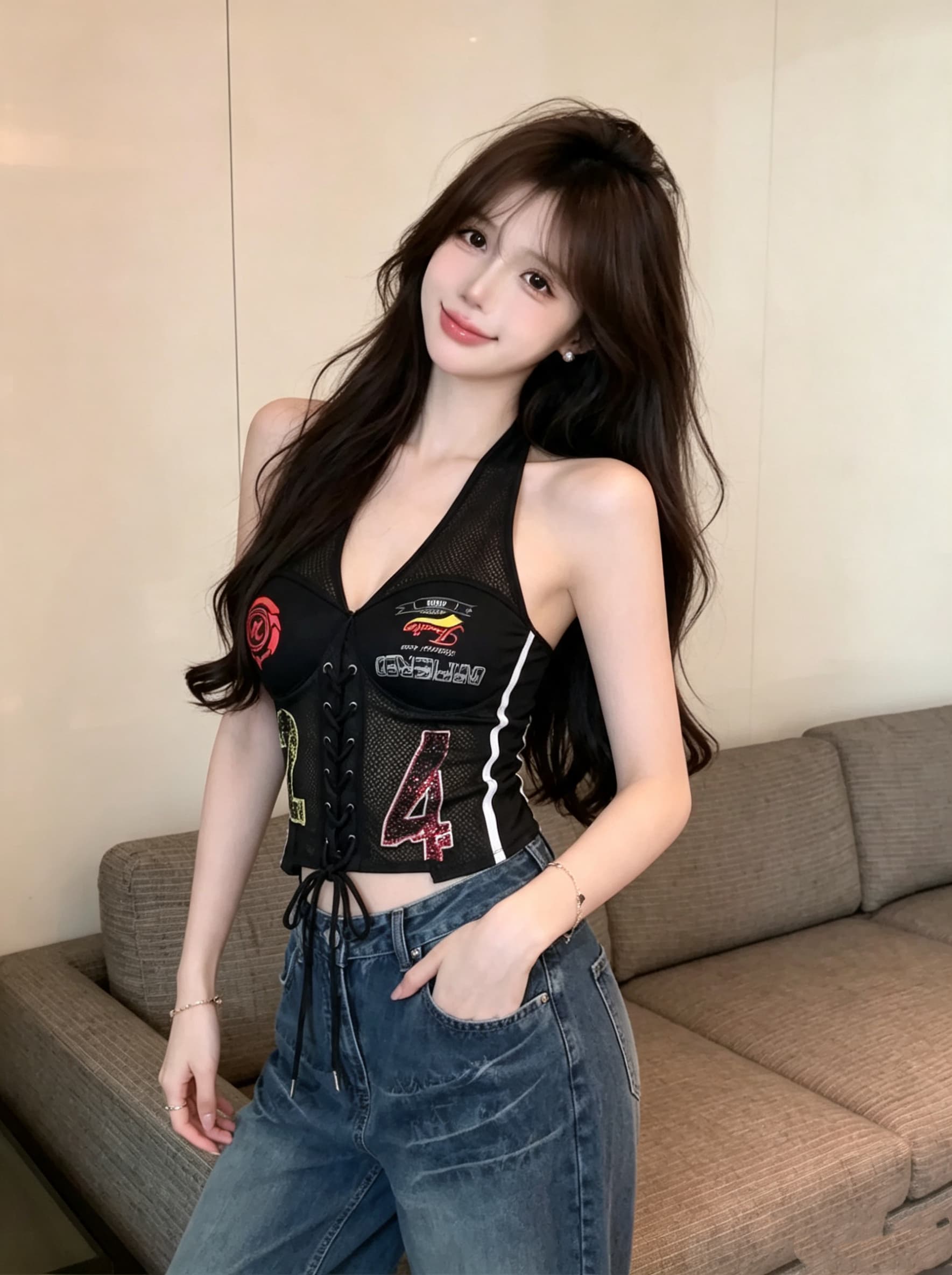 실사 정가 아메리칸 레트로 저지 캐미솔 외출용 스트랩 비대칭 프린트 핫걸 행침 목 맨위 상세 이미지 26