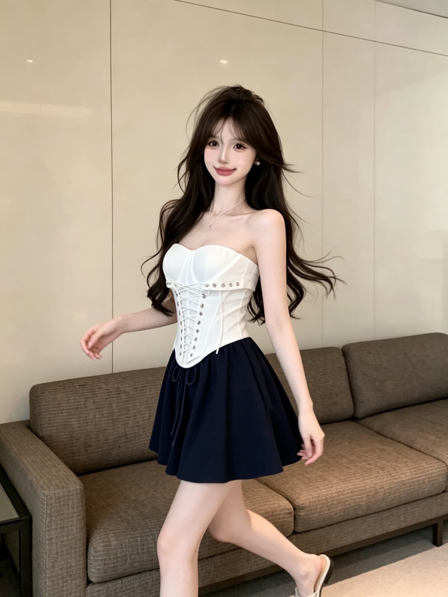 실사 정가 프랑스식 순수한 욕망 바람 뒤집다 접기 칼라 튜브탑 허리 레이스업 허리 수축 생선뼈 쇼트 스타일 외출용 맨위 상세 이미지 5
