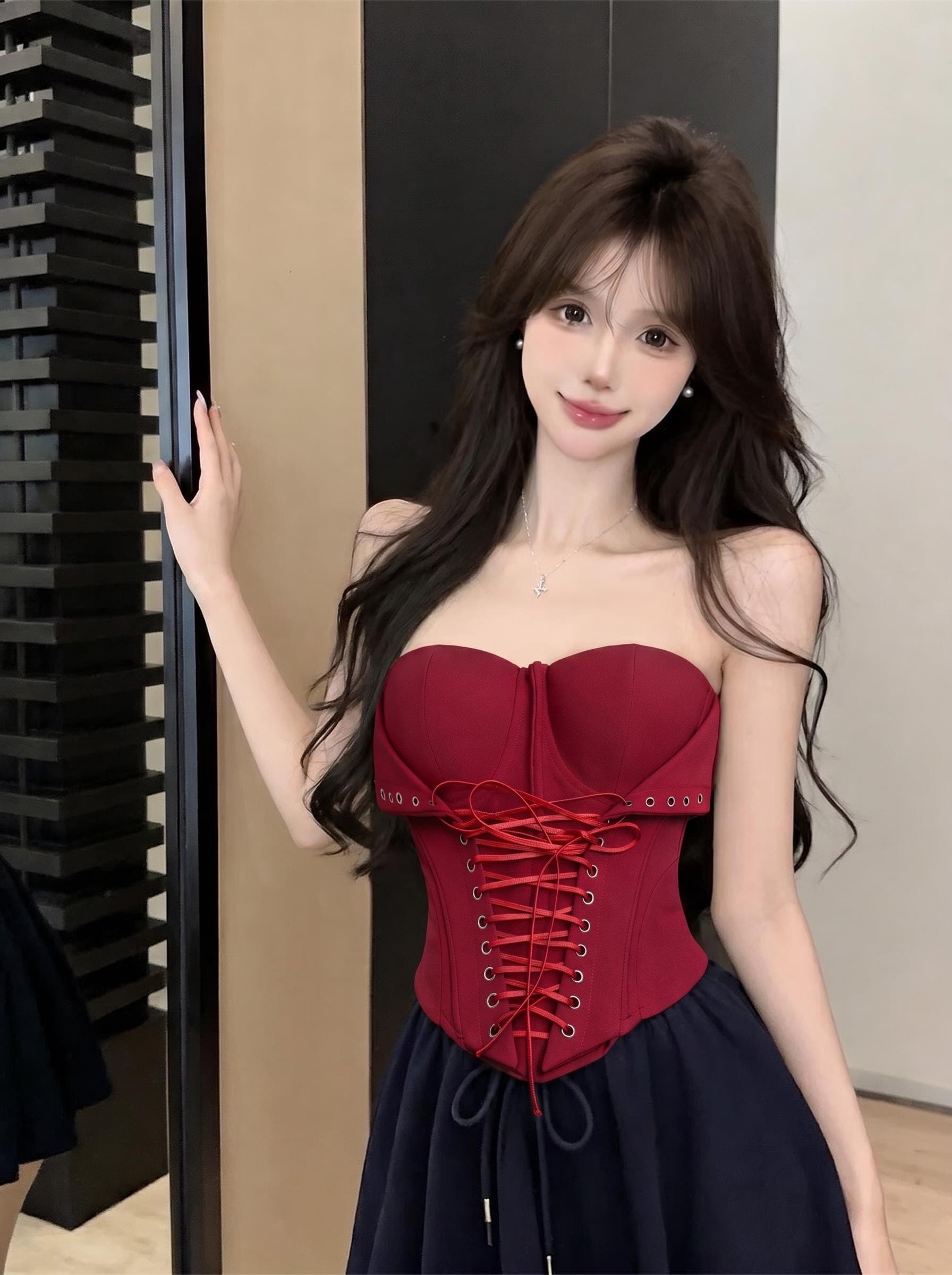 실사 정가 프랑스식 순수한 욕망 바람 뒤집다 접기 칼라 튜브탑 허리 레이스업 허리 수축 생선뼈 쇼트 스타일 외출용 맨위 상세 이미지 7