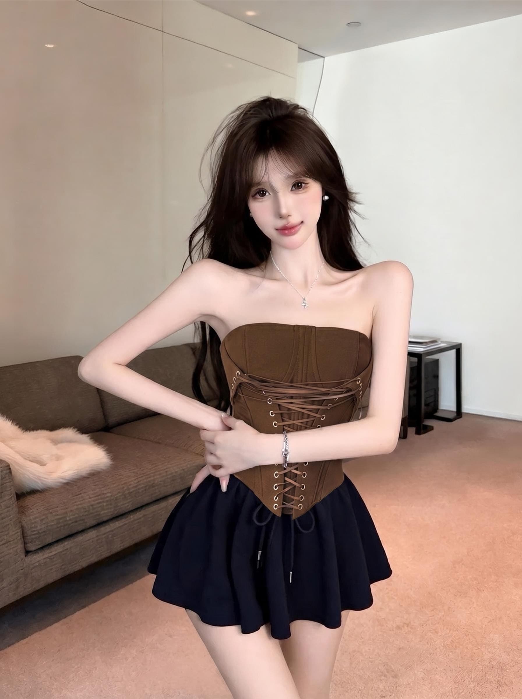 실사 정가 프랑스식 순수한 욕망 바람 뒤집다 접기 칼라 튜브탑 허리 레이스업 허리 수축 생선뼈 쇼트 스타일 외출용 맨위 상세 이미지 16