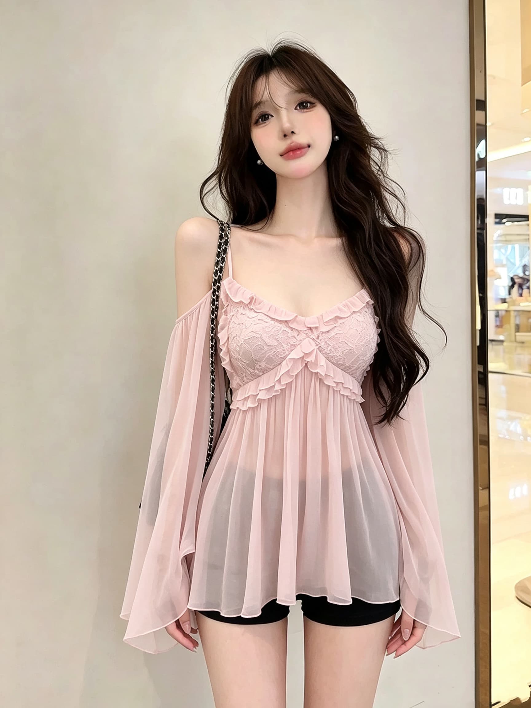 실사 정가 순수한 욕망 섹시함 레이스 오프숄더 캐미솔 여성 가을 새로운 프릴 나팔 소매 쉬폰 블라우스 상세 이미지 2