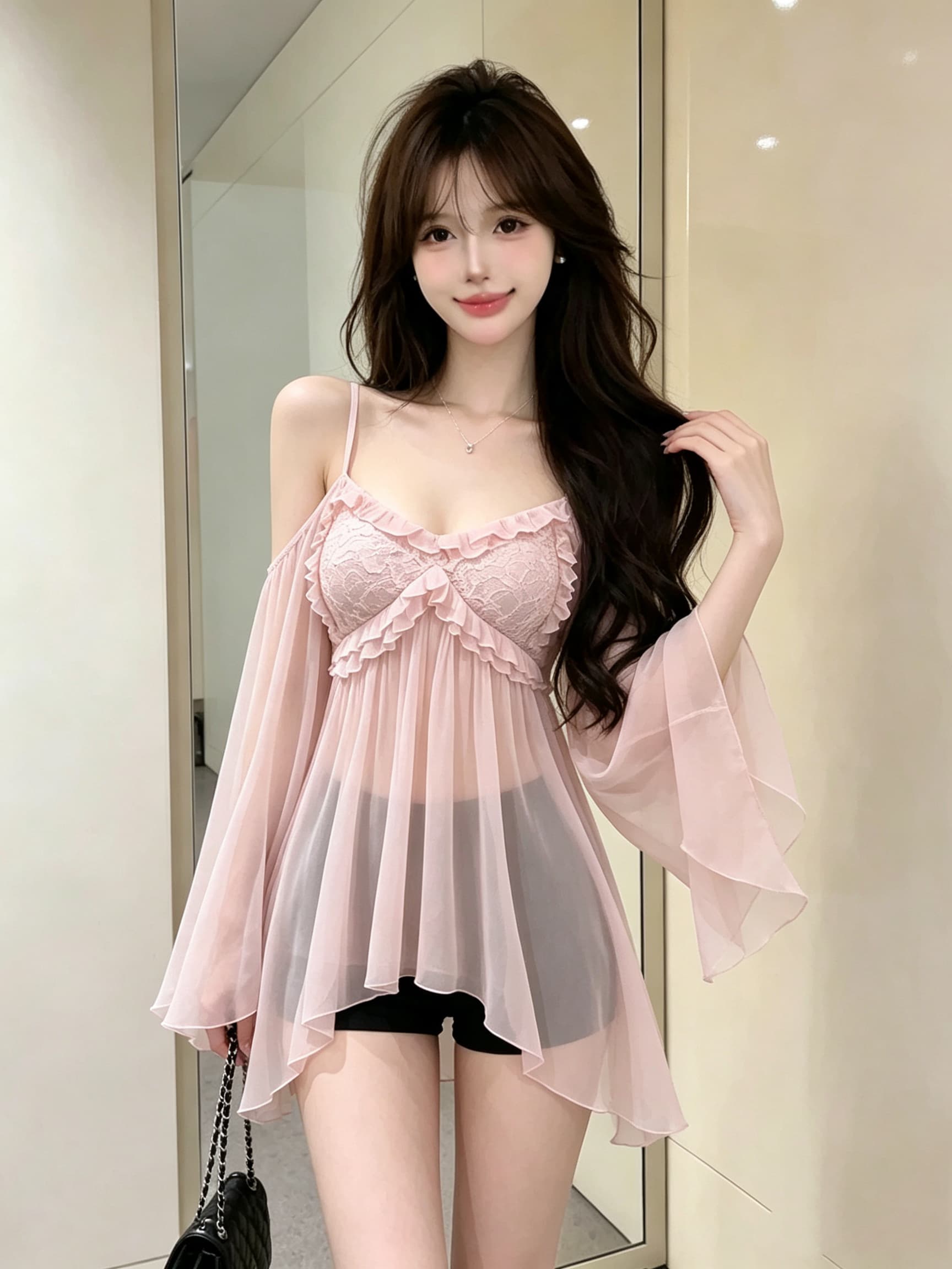 실사 정가 순수한 욕망 섹시함 레이스 오프숄더 캐미솔 여성 가을 새로운 프릴 나팔 소매 쉬폰 블라우스 상세 이미지 3