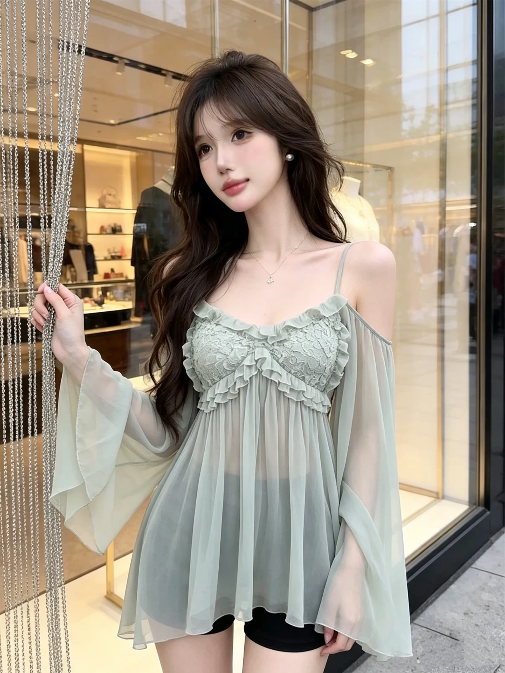 실사 정가 순수한 욕망 섹시함 레이스 오프숄더 캐미솔 여성 가을 새로운 프릴 나팔 소매 쉬폰 블라우스 상세 이미지 9