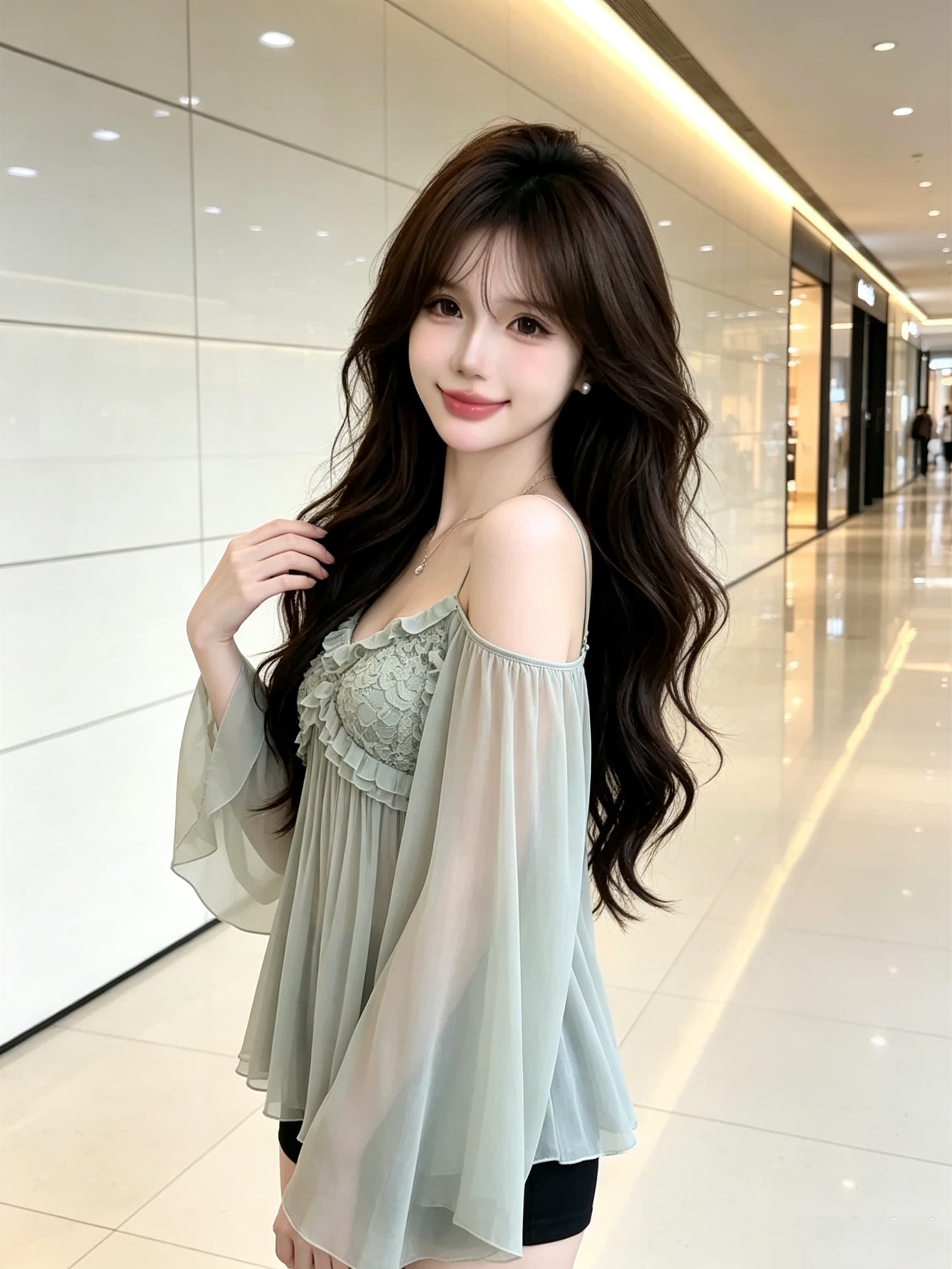 실사 정가 순수한 욕망 섹시함 레이스 오프숄더 캐미솔 여성 가을 새로운 프릴 나팔 소매 쉬폰 블라우스 상세 이미지 10