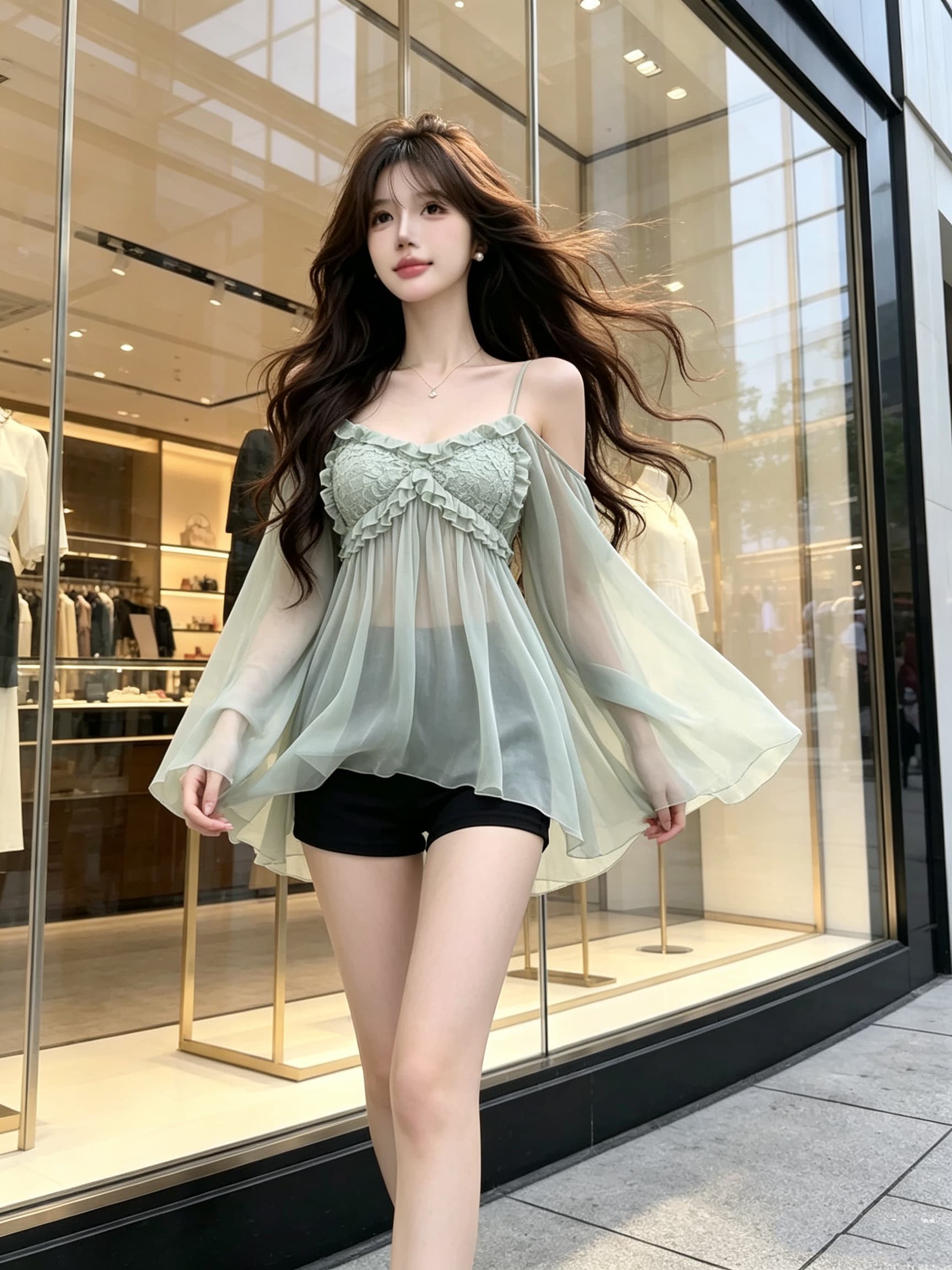 실사 정가 순수한 욕망 섹시함 레이스 오프숄더 캐미솔 여성 가을 새로운 프릴 나팔 소매 쉬폰 블라우스 상세 이미지 12