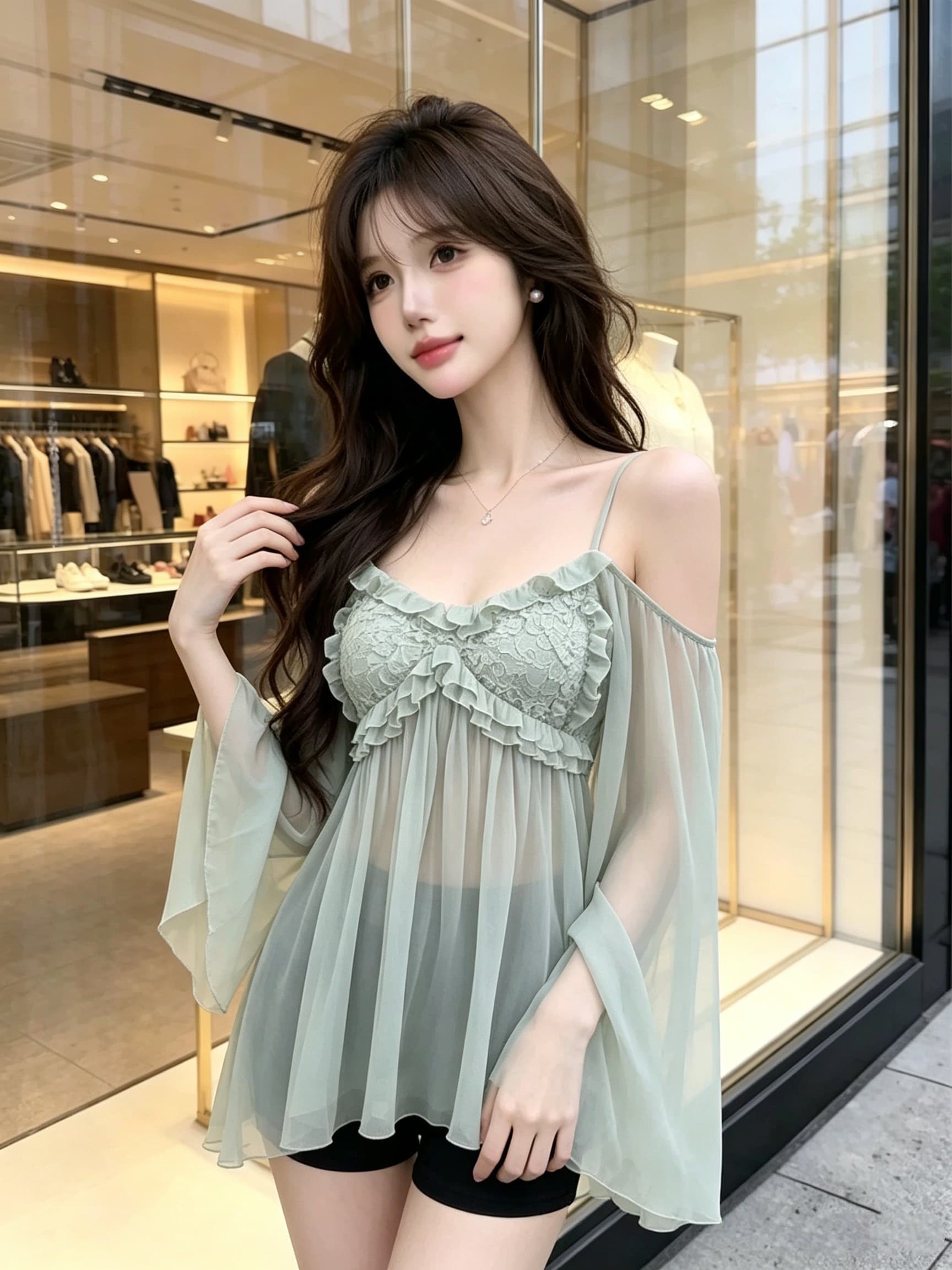 실사 정가 순수한 욕망 섹시함 레이스 오프숄더 캐미솔 여성 가을 새로운 프릴 나팔 소매 쉬폰 블라우스 상세 이미지 13
